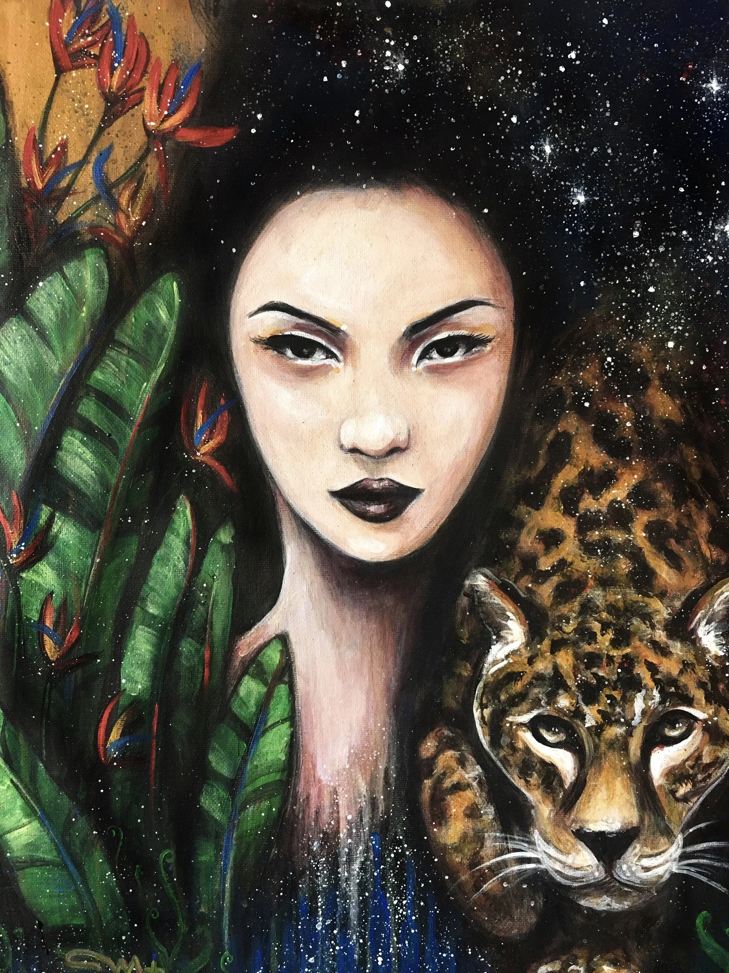 A painting of a woman with dark lipstick and eye makeup, flanked by green tropical leaves and a leopard, set against a starry cosmic background.