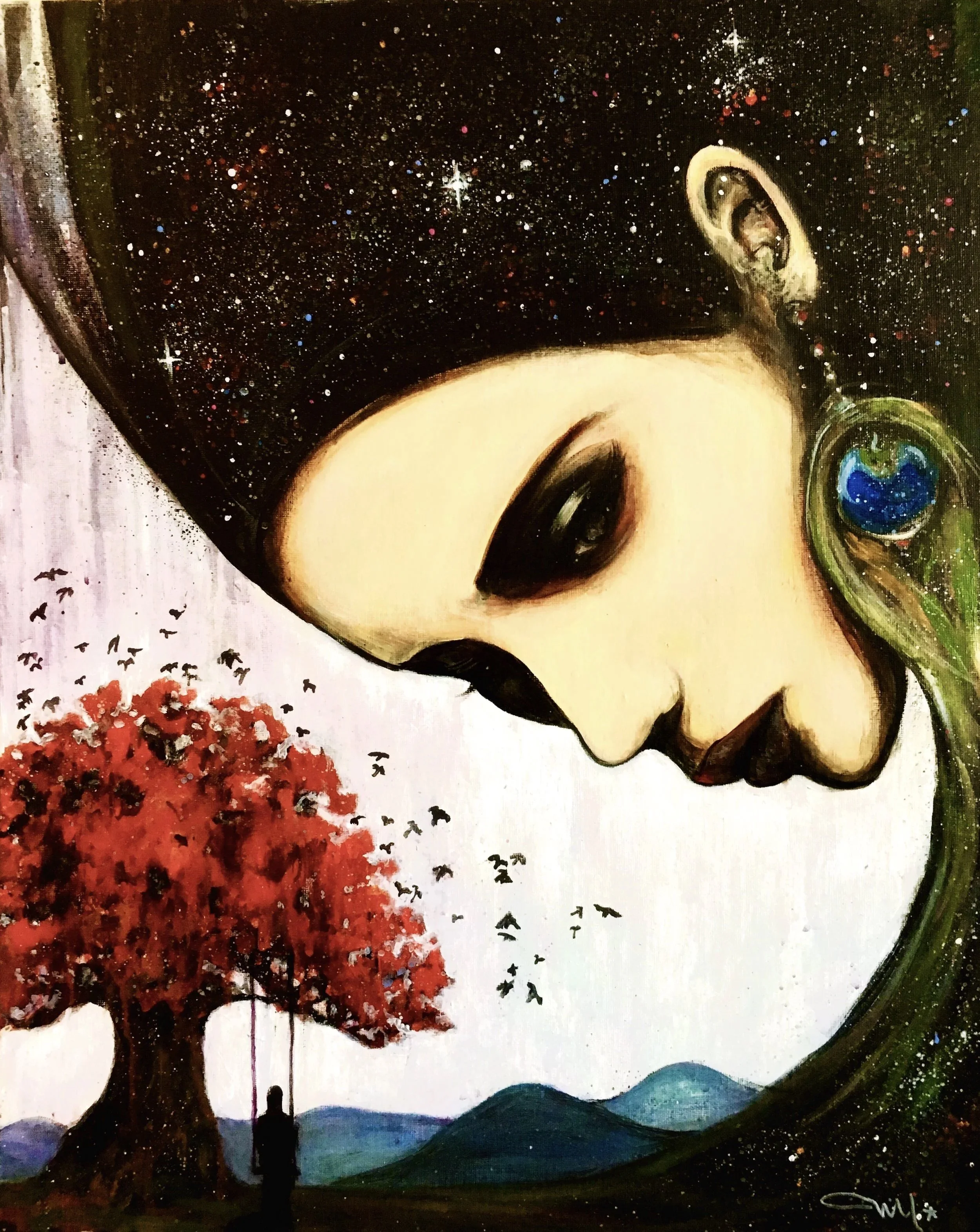 Painting of a woman with celestial hair, red blossom tree, mountains, and a person sitting under the tree, blending cosmic and natural elements.