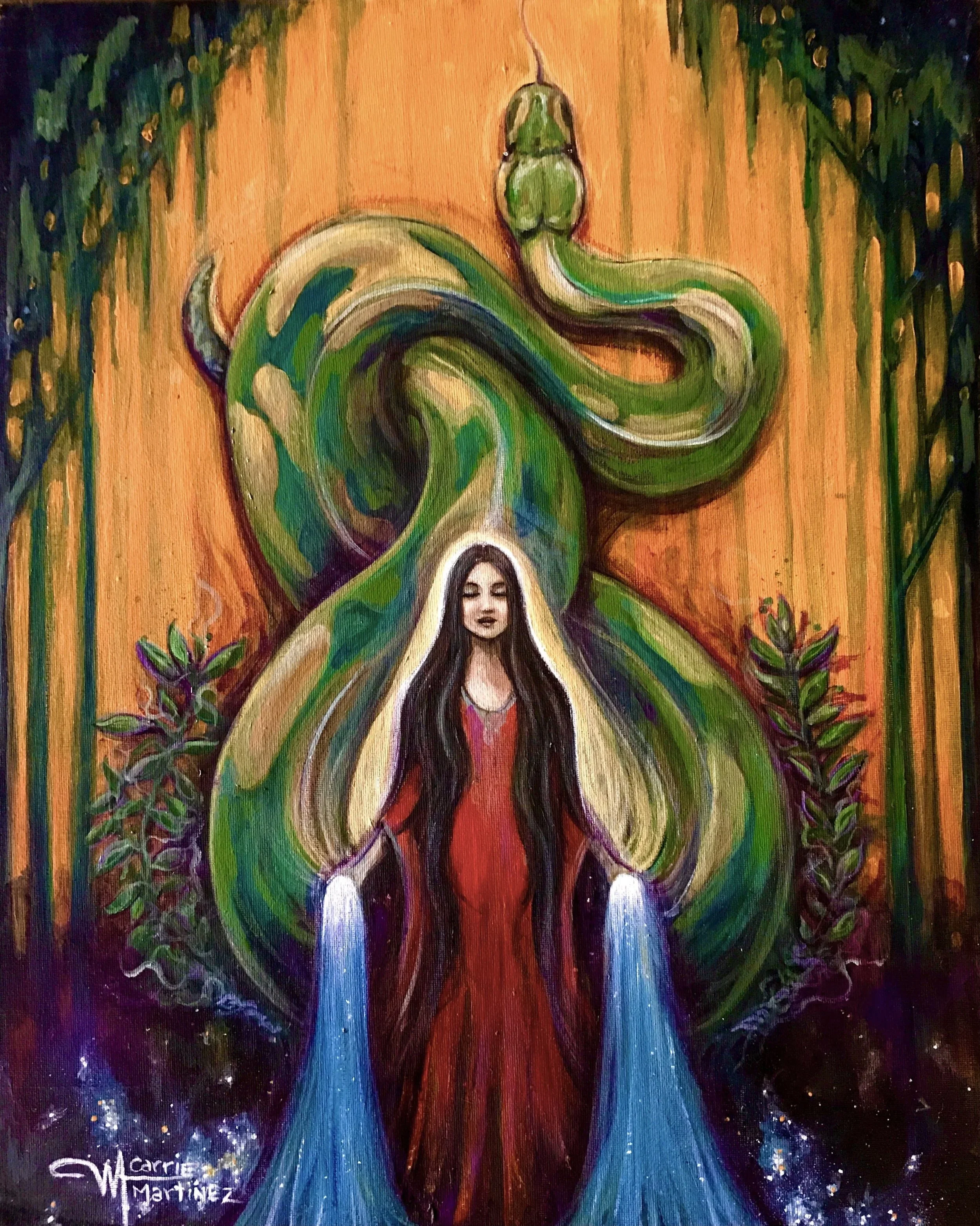 A painting of a woman with long dark hair in a red dress, standing in front of large green snakes forming a spiral and a head, with two streams of water flowing from her hands, set against a colorful background.