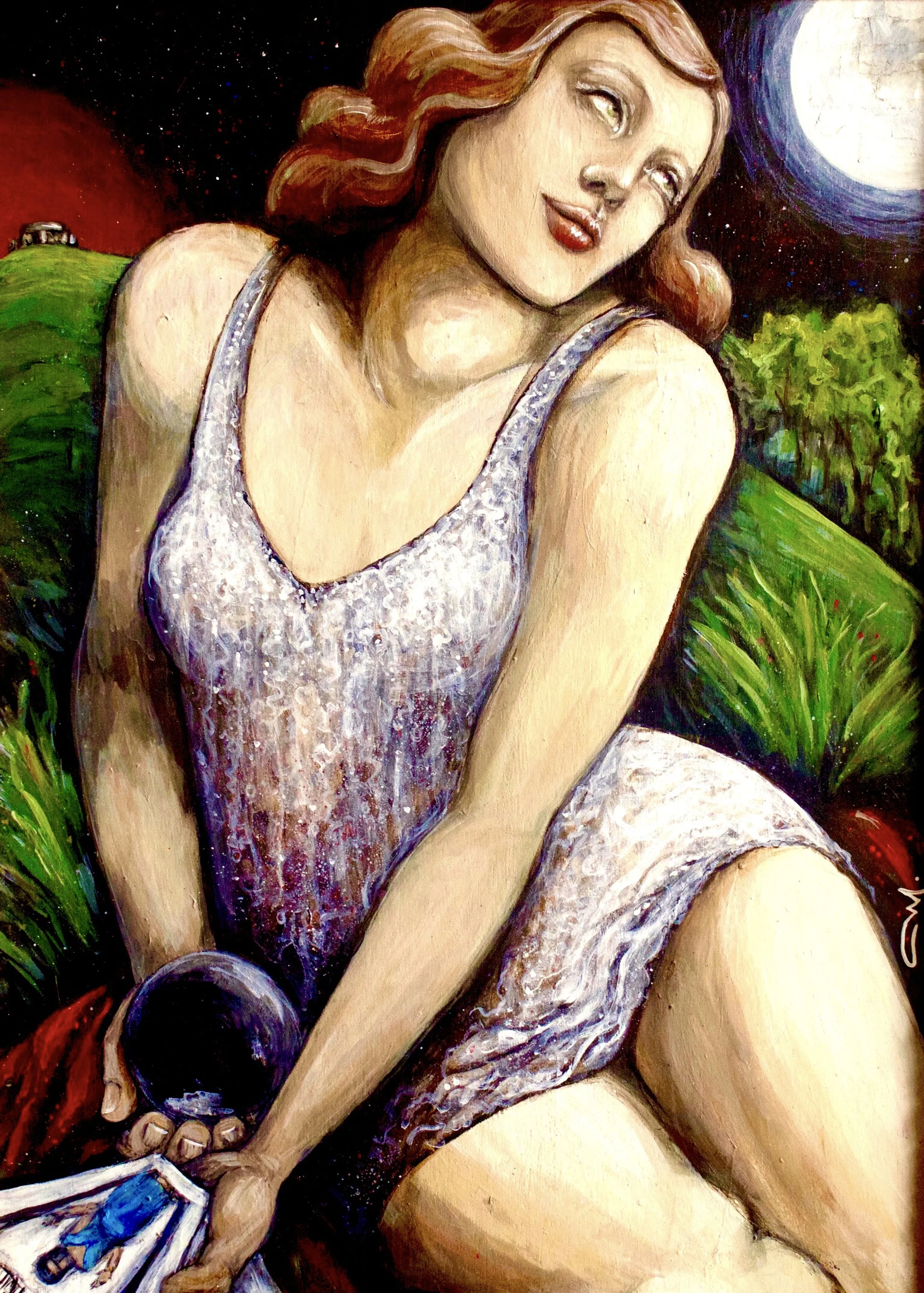 A colorful painting of a woman with reddish-brown hair sitting outdoors at night, holding a black golf ball with a golf club, with a full moon and starry sky in the background.