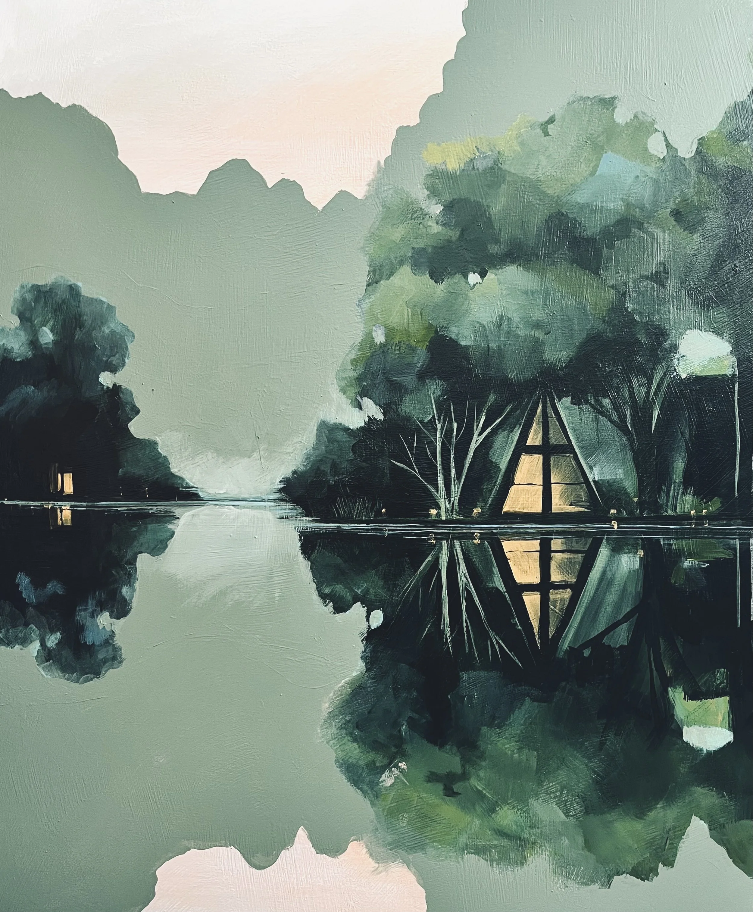 A landscape painting featuring green trees, a wooden pier or boardwalk over water, and distant mountains under a pink and light blue sky.