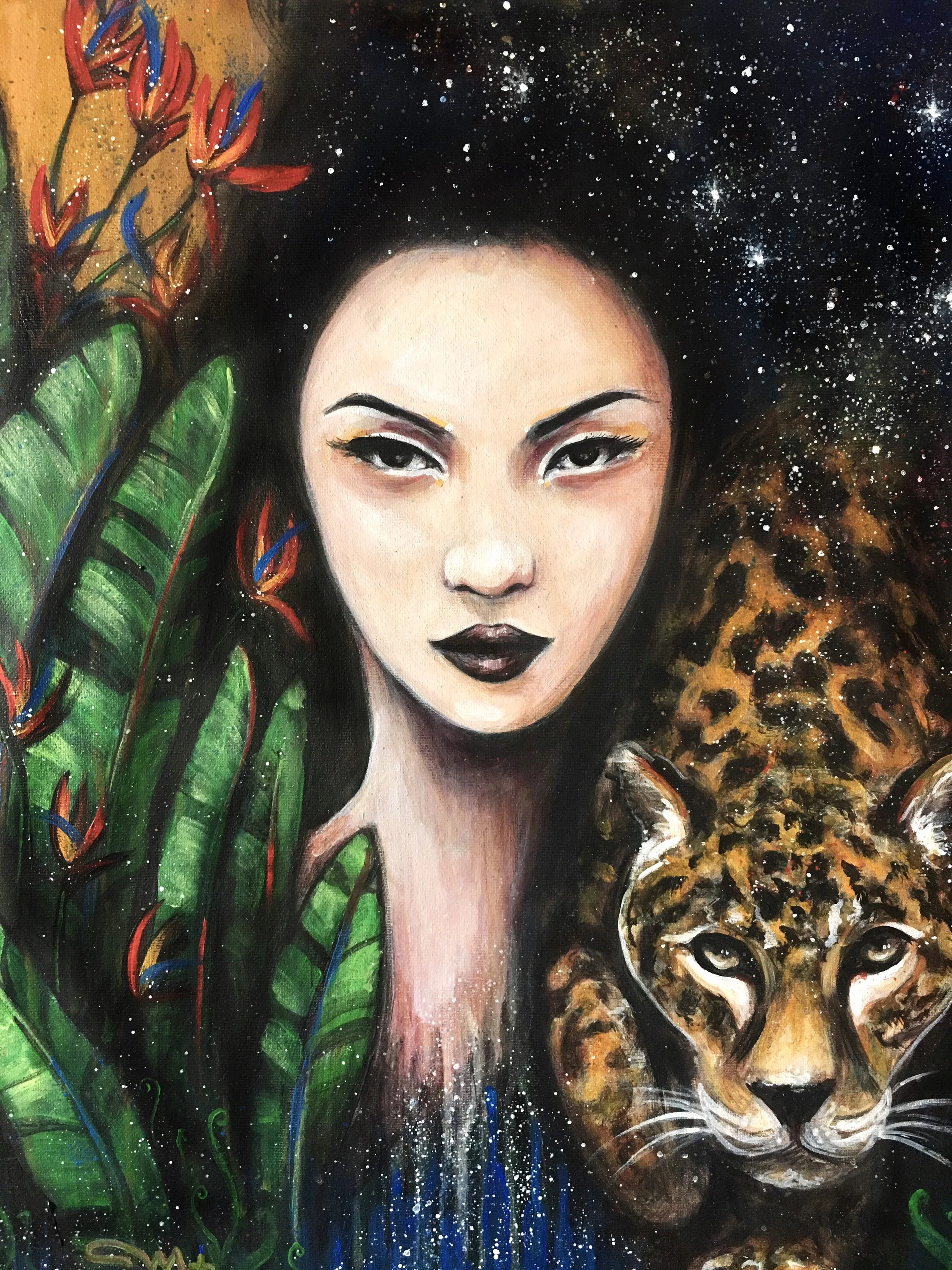Painting of a woman with black makeup and a serious expression, surrounded by green leaves, red and blue flowers, a starry night sky, and a leopard with piercing eyes.