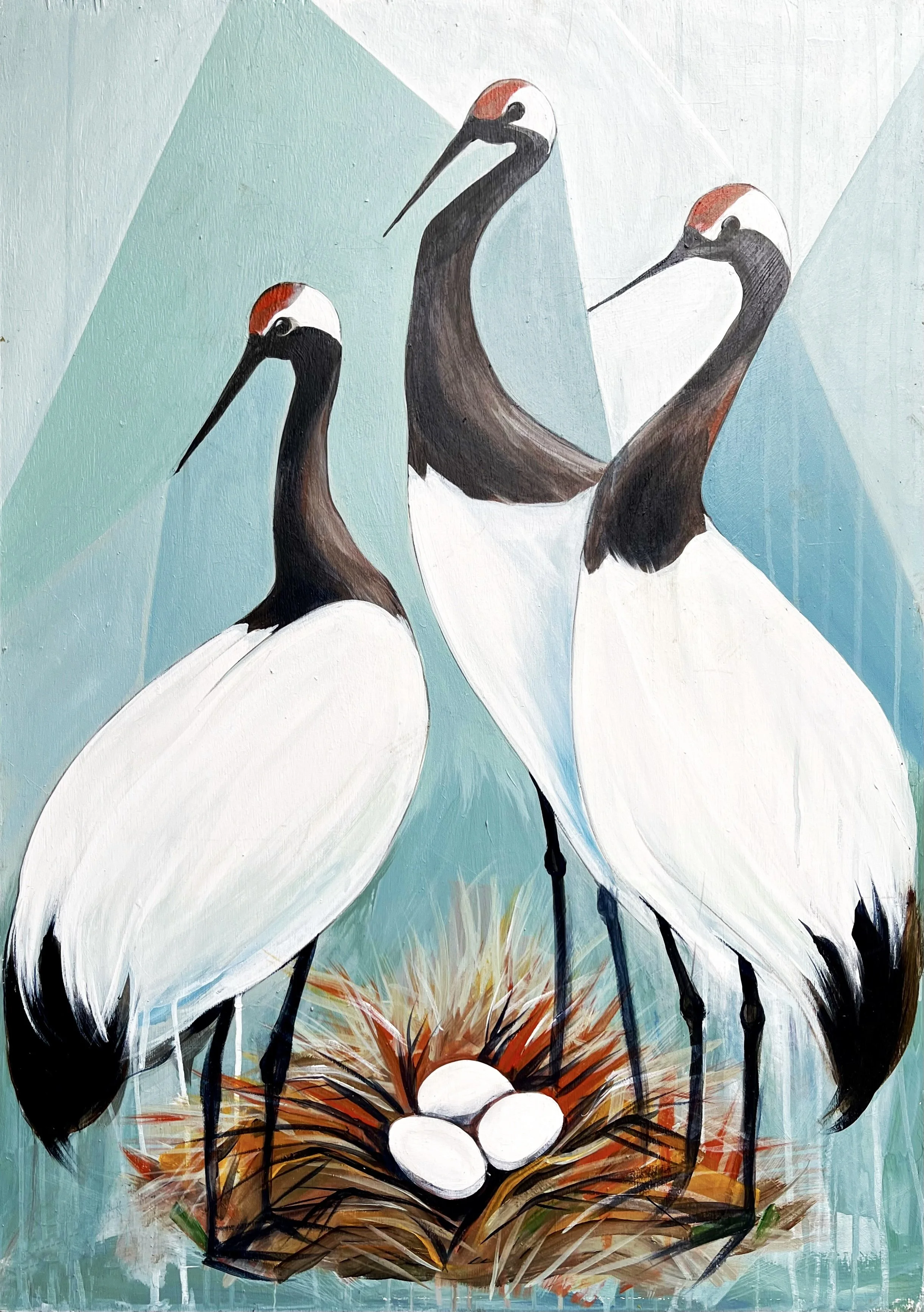 Nesting Cranes with Abstract Turquoise