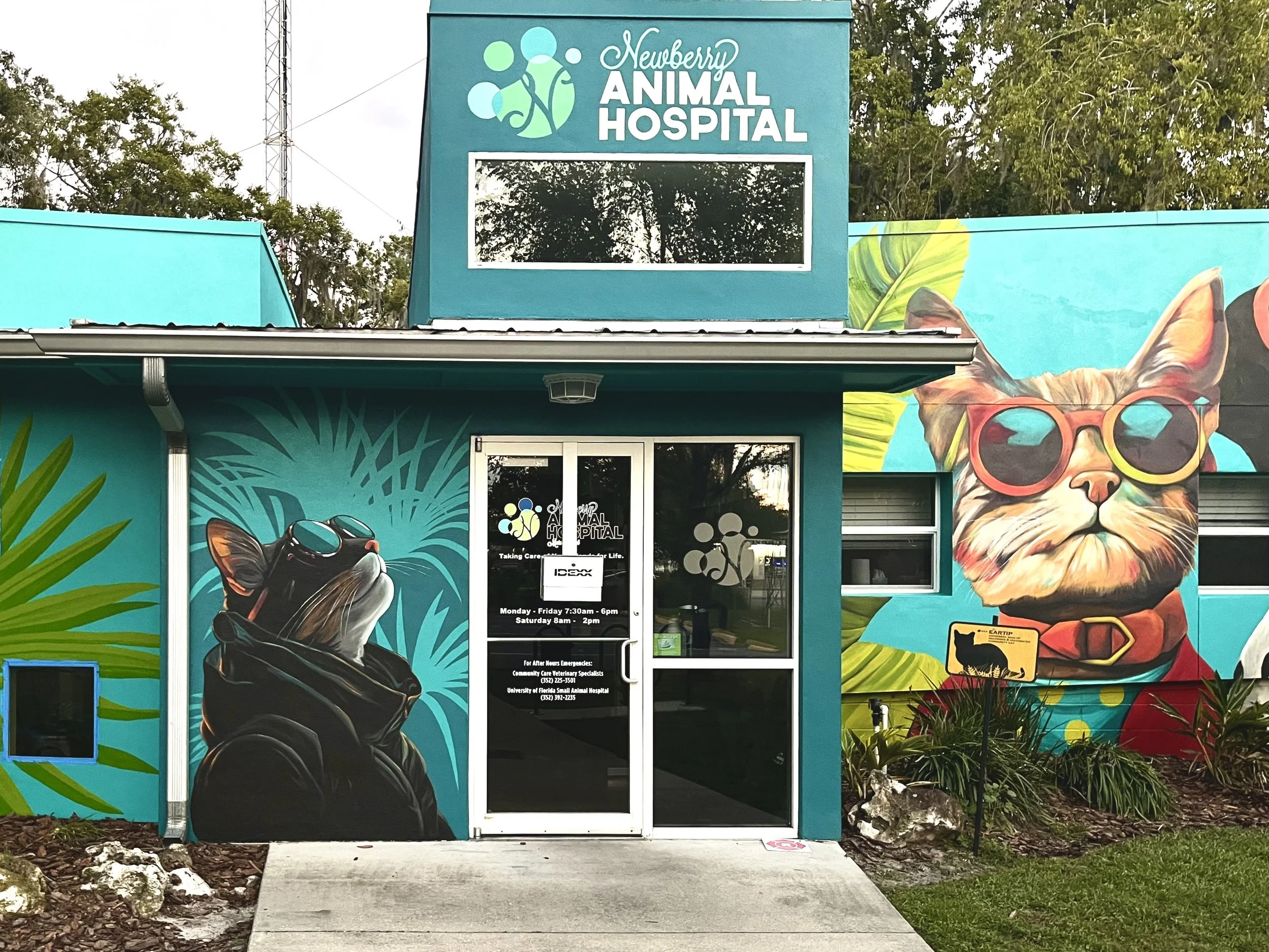Colorful mural of two cats wearing sunglasses, one with a bow tie, on the exterior wall of the Newberry Animal Hospital, with a large sign above the entrance.