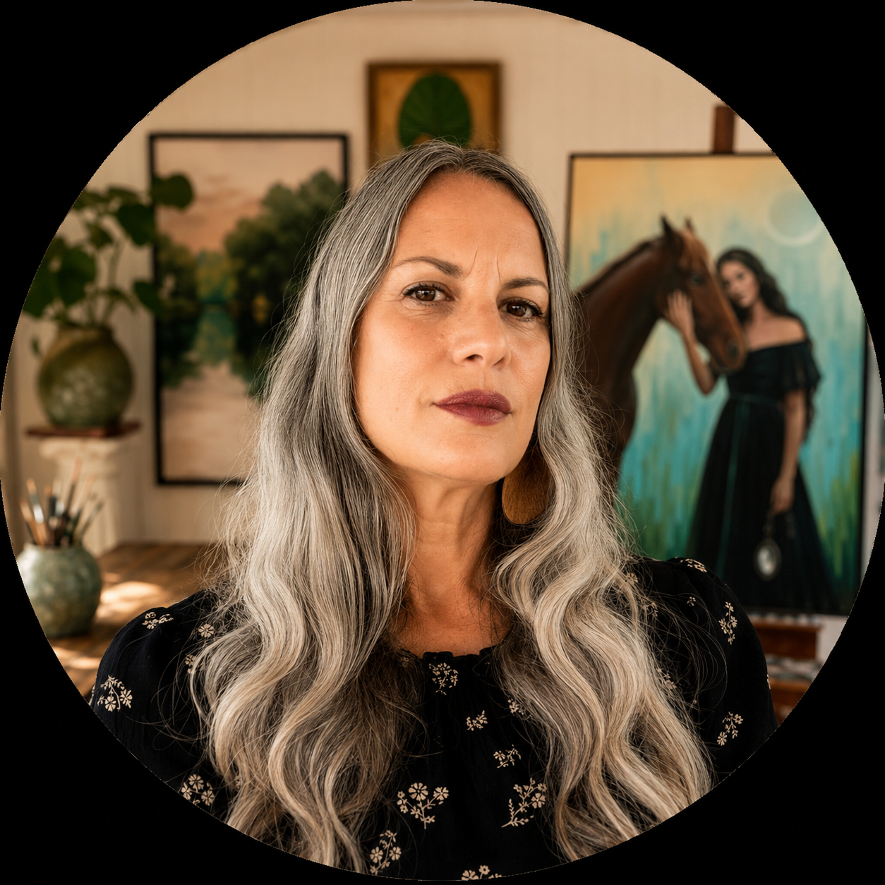 A woman with long gray hair and a serious expression standing in an art-filled room. Behind her, a painting of a woman with a horse and another landscape artwork are visible.