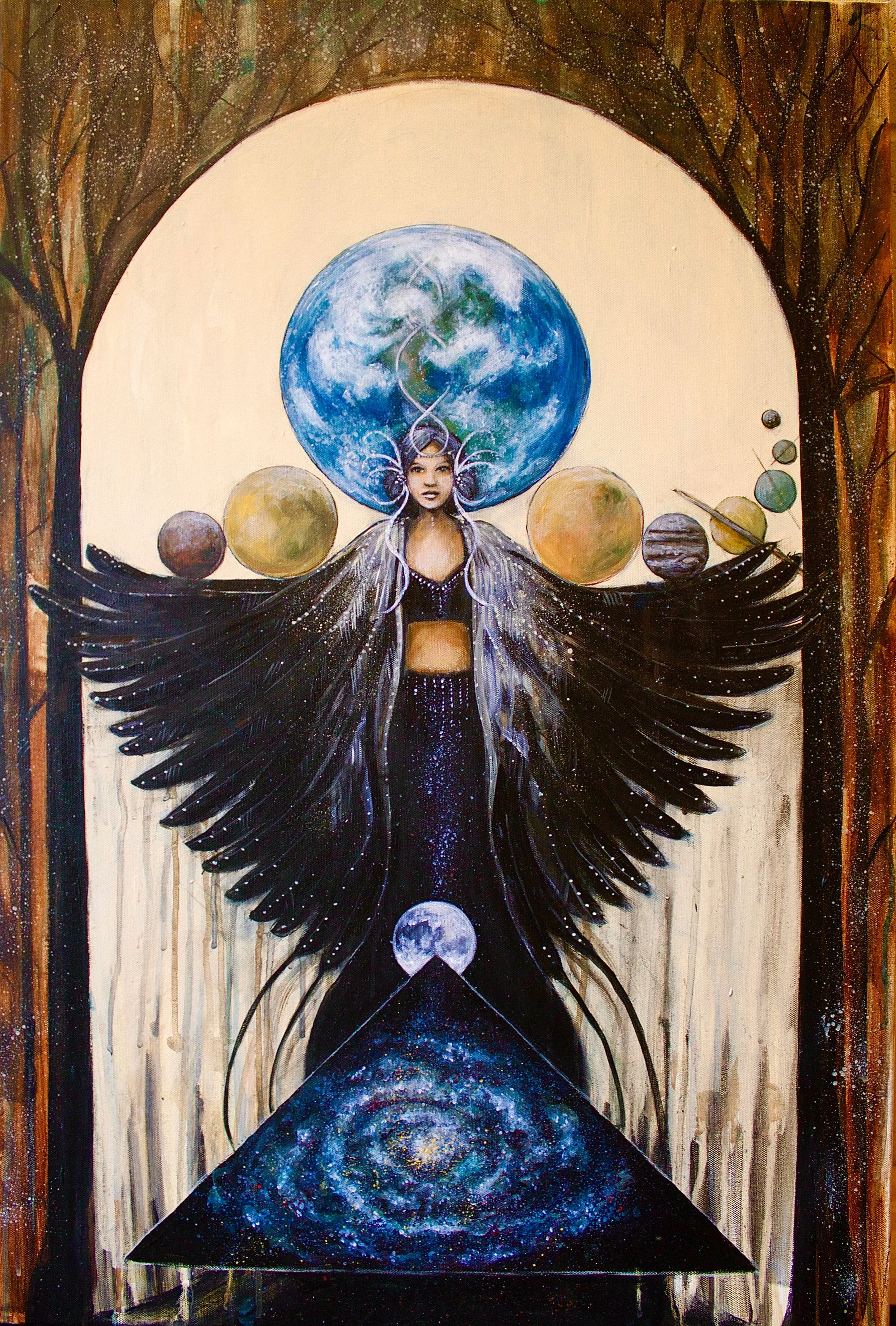 A fantasy-style painting featuring a woman with dark hair and matching makeup, surrounded by celestial bodies including the Earth, planets, and a galaxy, with wings resembling black feathers and cosmic elements, set against a background of trees and 
