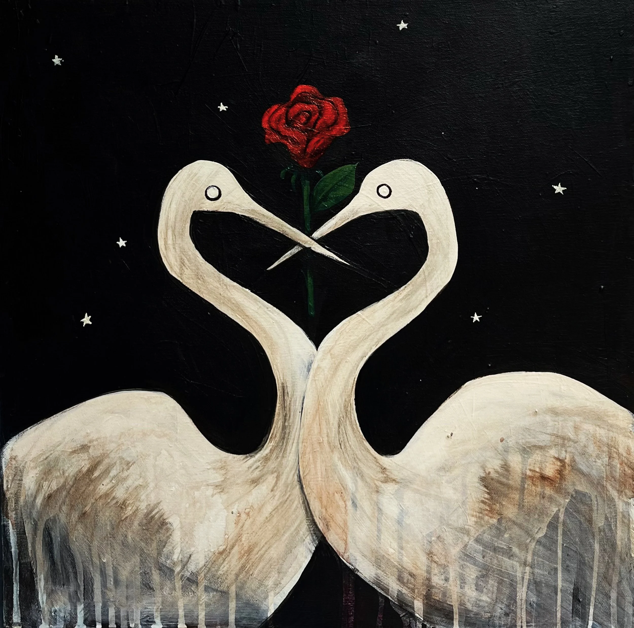 A painting of a red rose with green leaves in the center, surrounded by a white heart shape and a dark, starry background with small white stars.