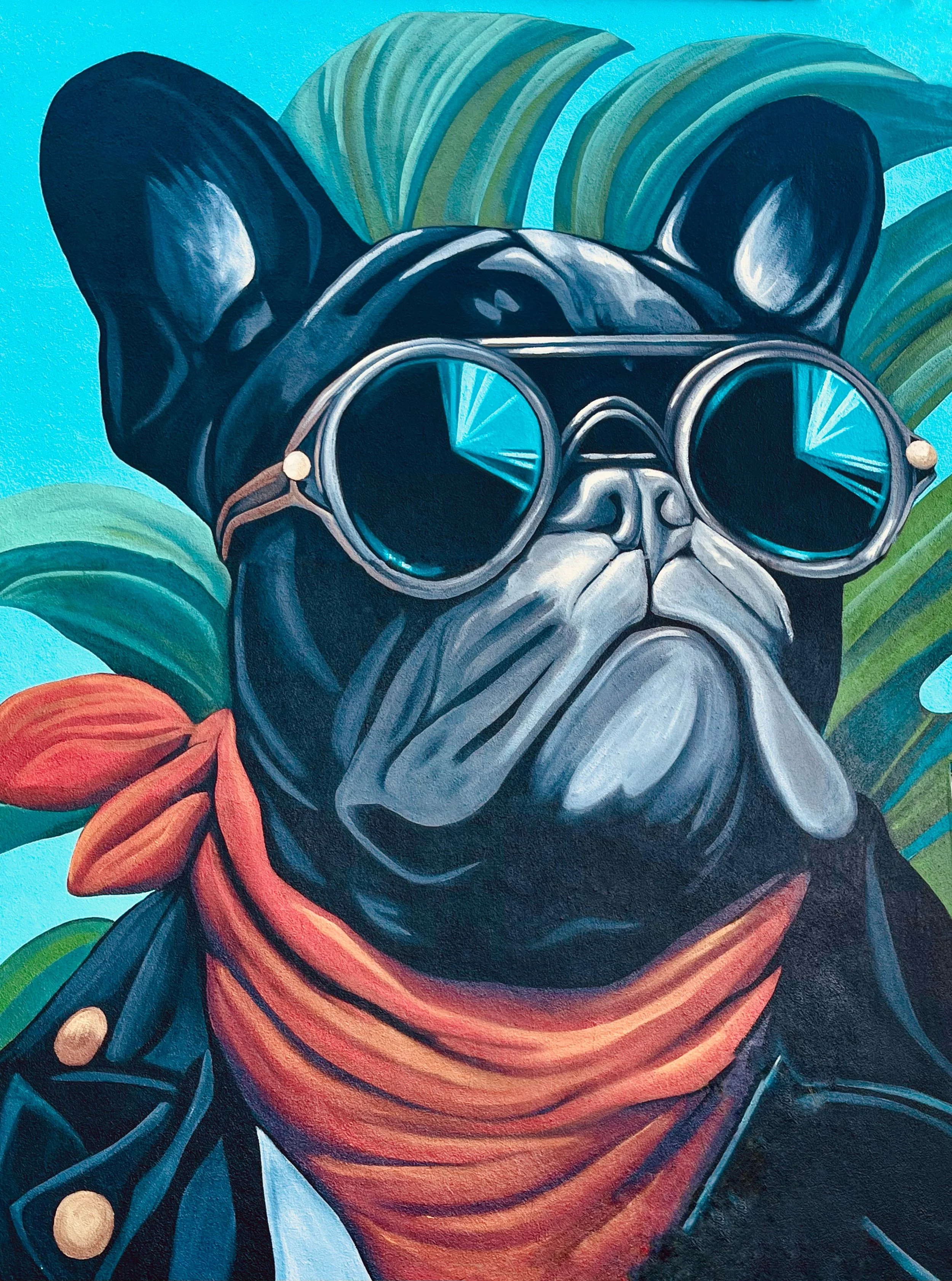 A painting of a French Bulldog wearing large round sunglasses, a black leather jacket, and a red bandana, with tropical leaves in the background.