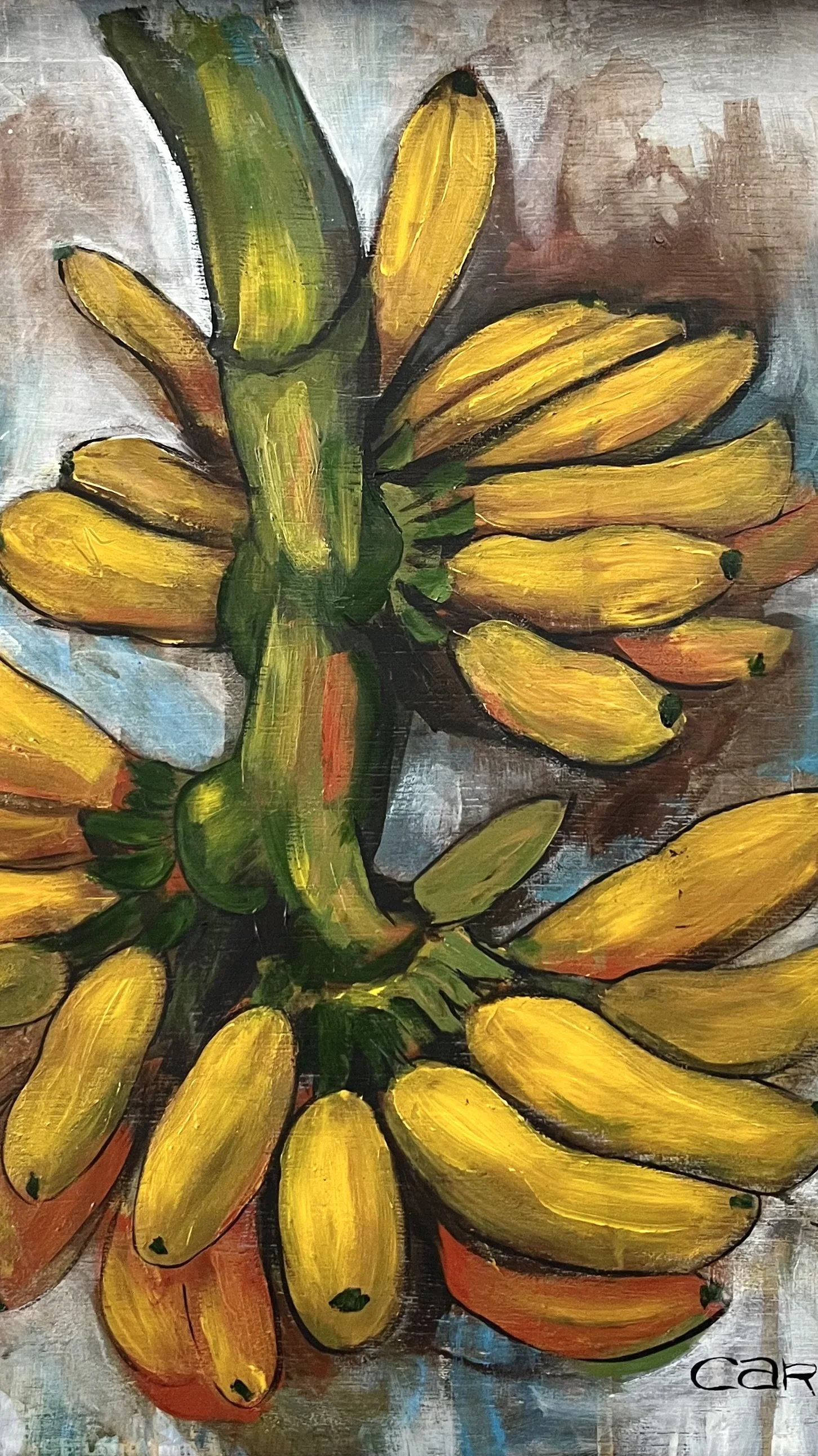 Painting of a bunch of yellow bananas with green stems, arranged in a circle on a textured background.