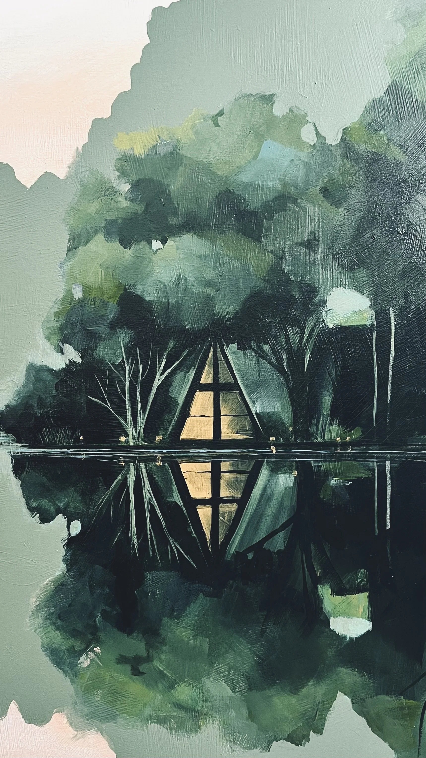 A painting of green trees surrounding a yellow-lit wooden hut with a reflection in a body of water.
