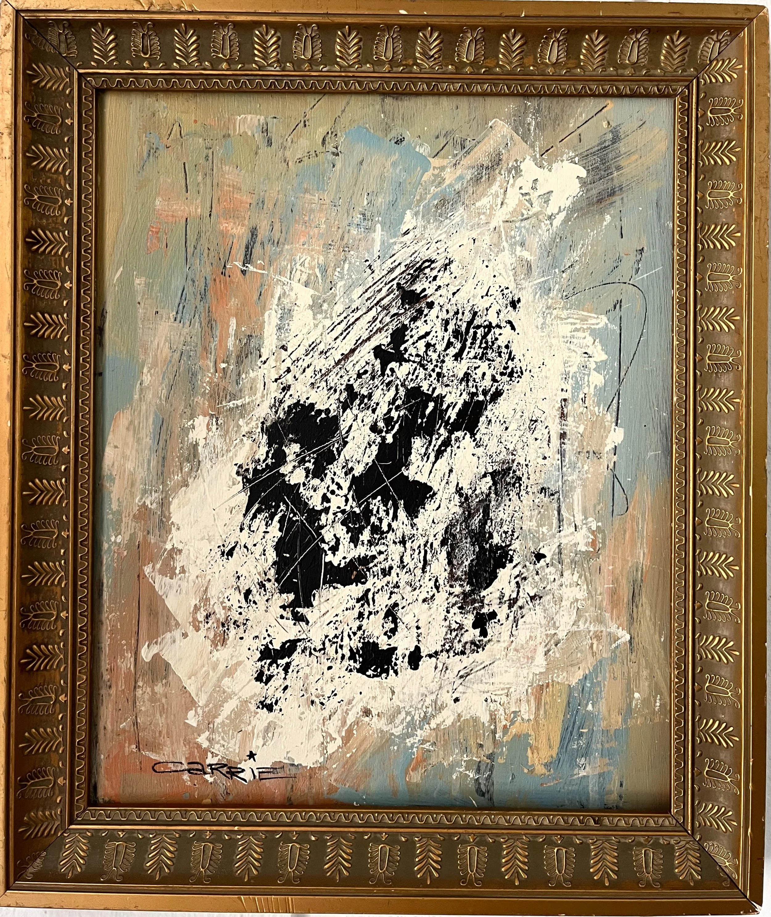 An abstract painting with pastel and black paint strokes inside a ornate gold-colored frame, with the word "GERRIE" written in black at the bottom left corner.