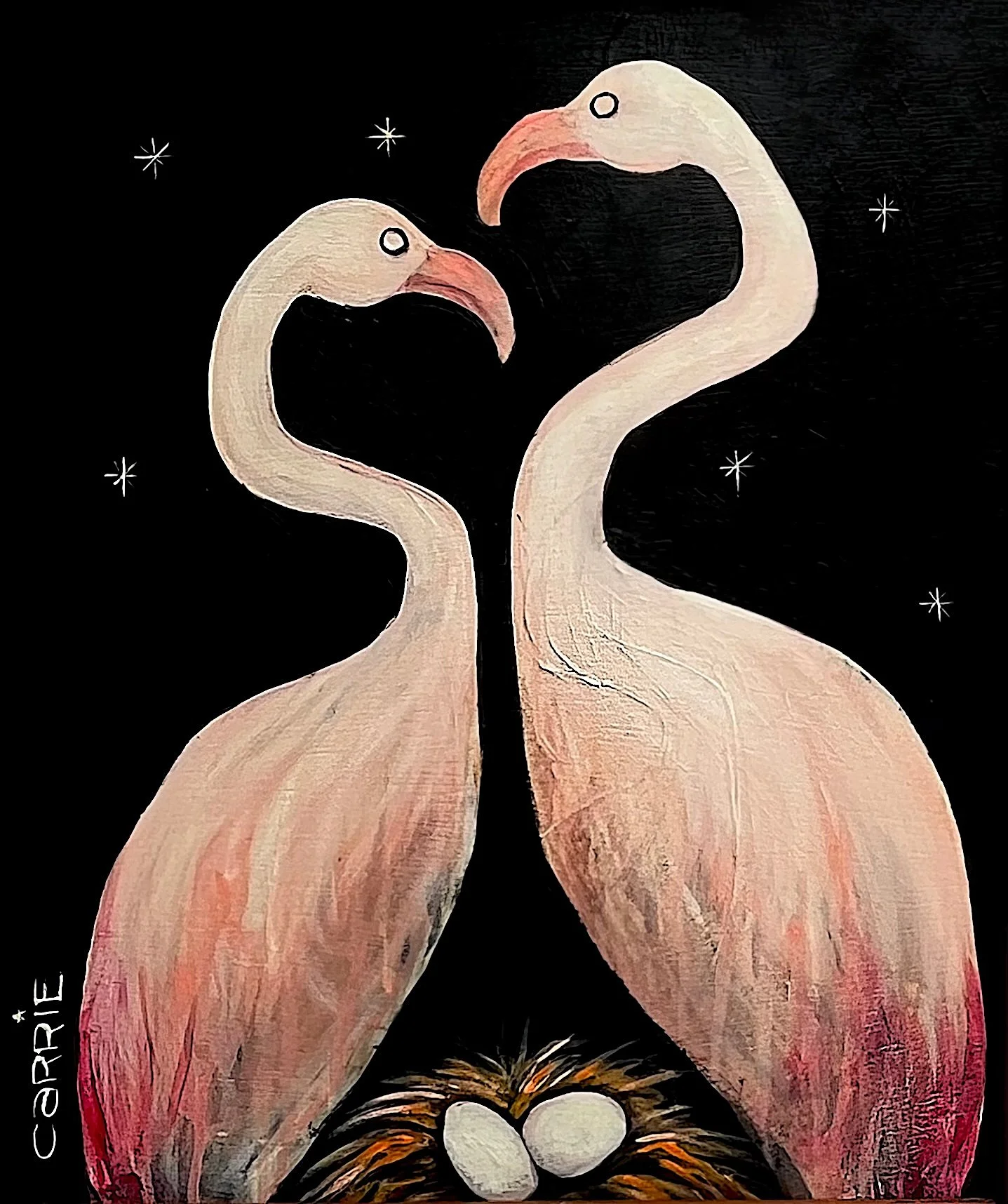 Flamingos Guarding Their Nest Under Stars
