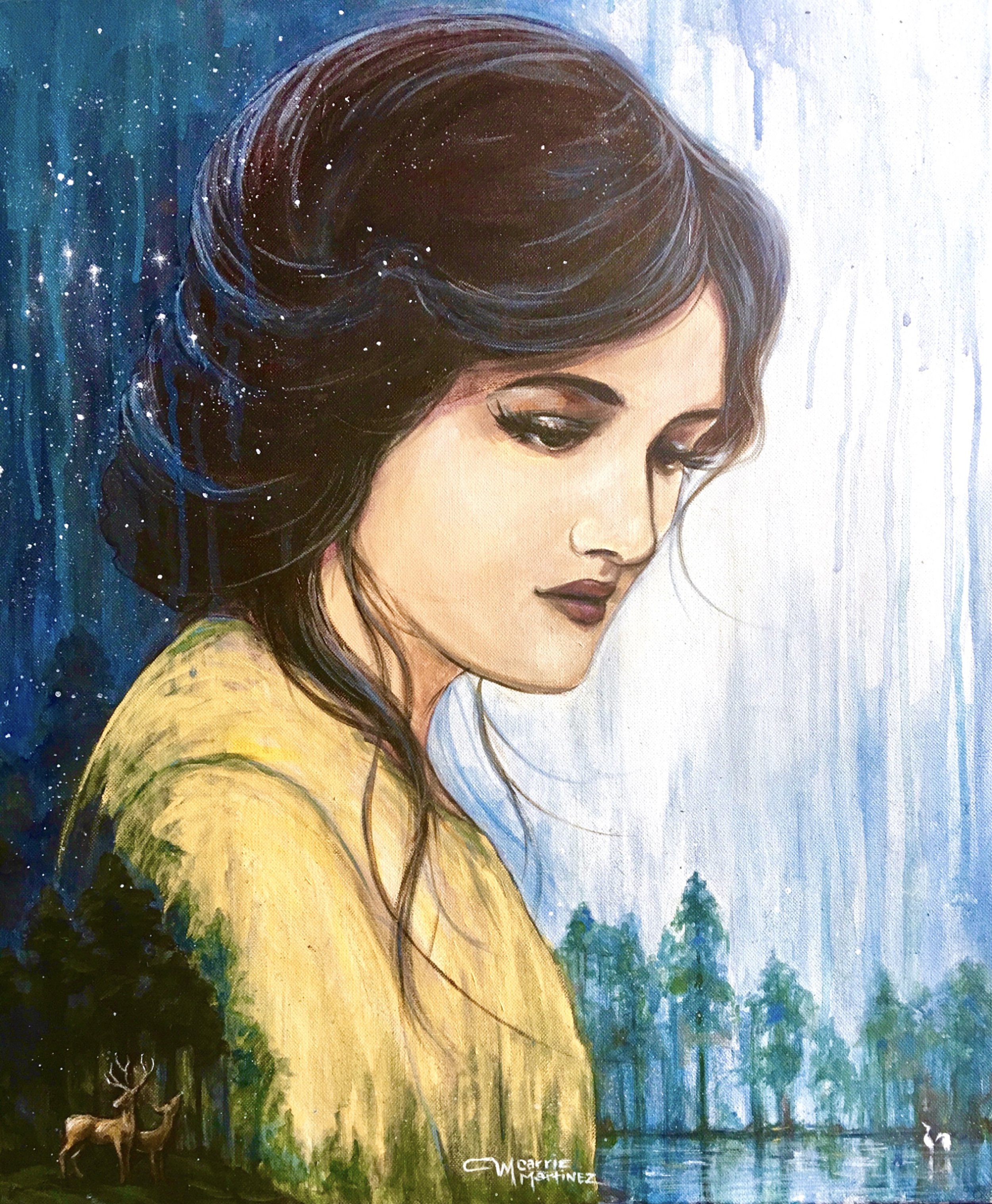 A painting of a woman with dark wavy hair wearing a yellow shirt, with a serene expression, set against a forest background with trees, a lake, and two deer, with a starry night sky.