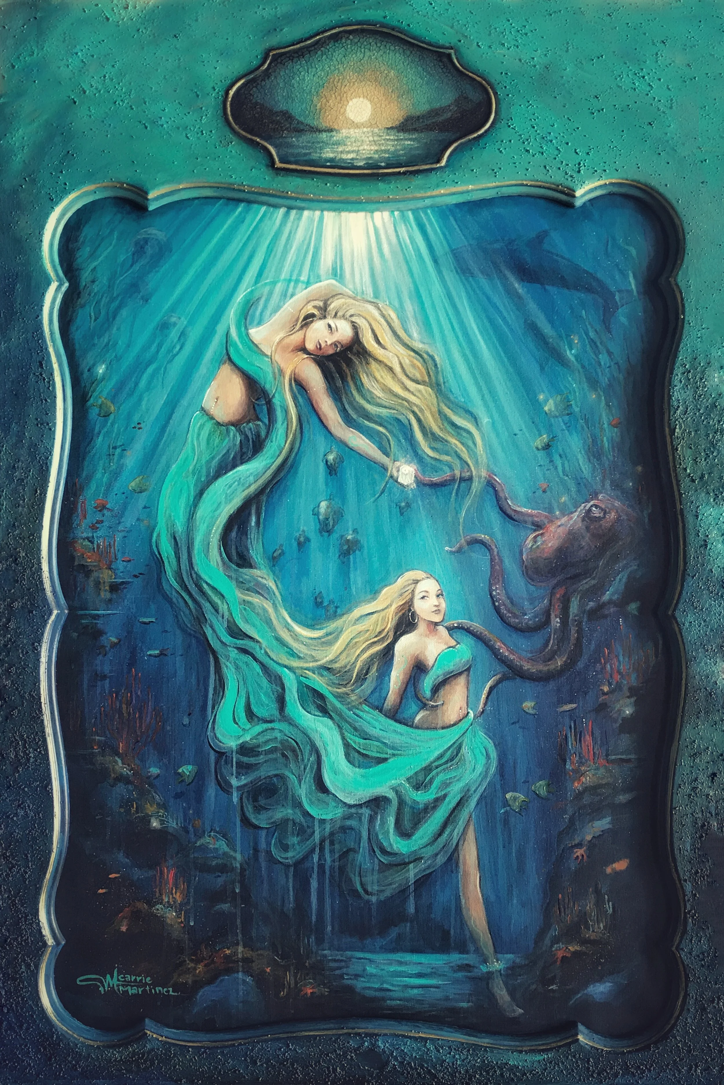 A colorful painting of two mermaids swimming underwater, one with long blonde hair, and the other with dark hair, surrounded by fish and coral, illuminated by light from above.