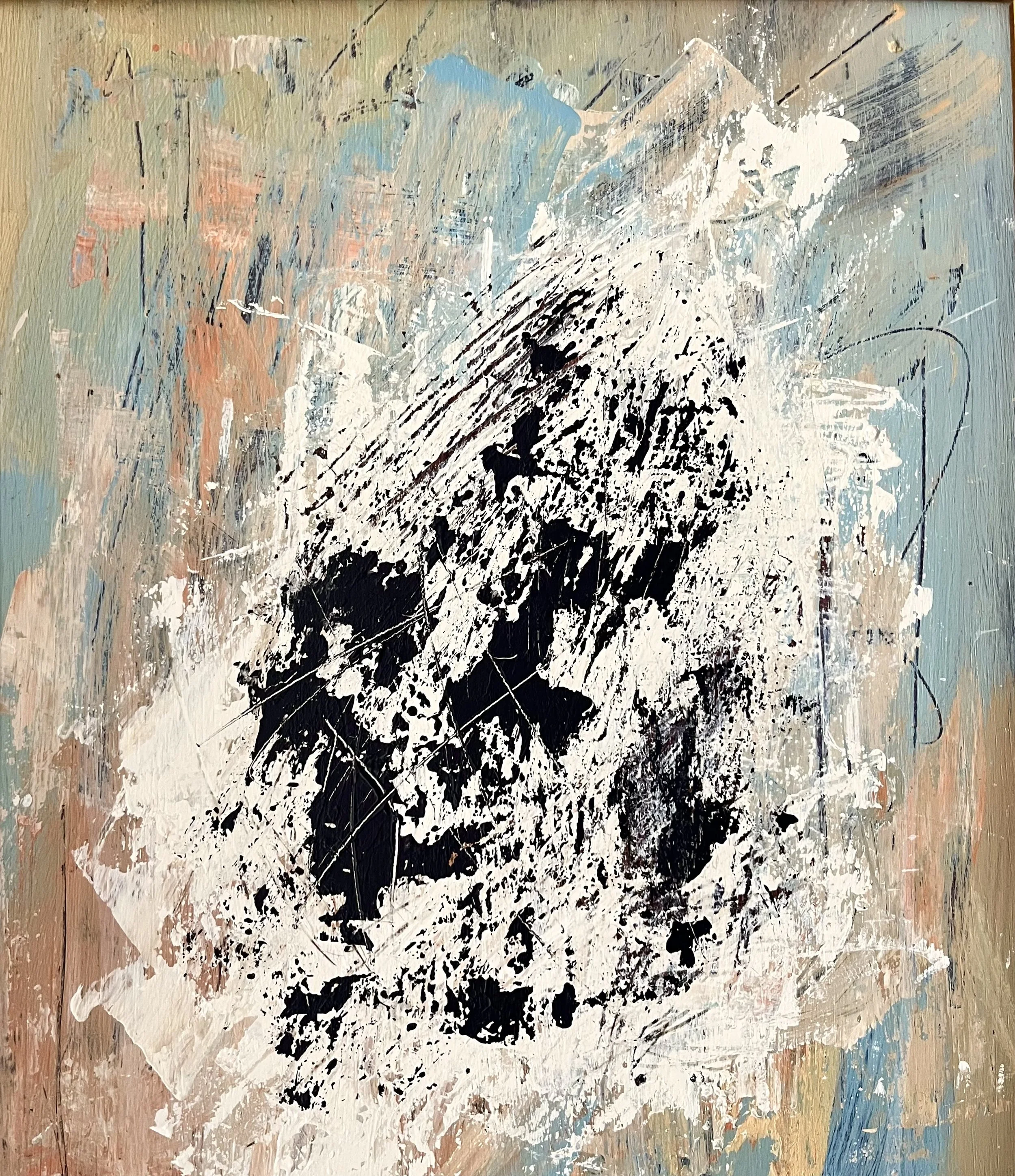 Abstract painting with black, white, beige, light blue, and peach brushstrokes and splatters.
