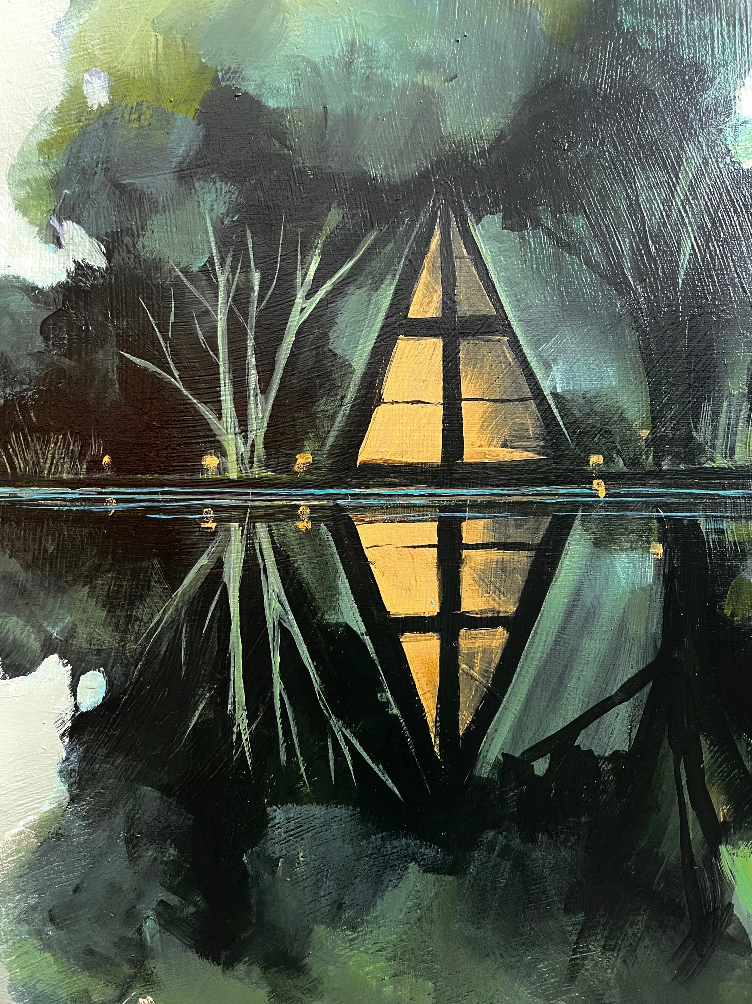 An abstract painting of a triangular A-frame cabin reflecting on a body of water, with trees and sky in the background.