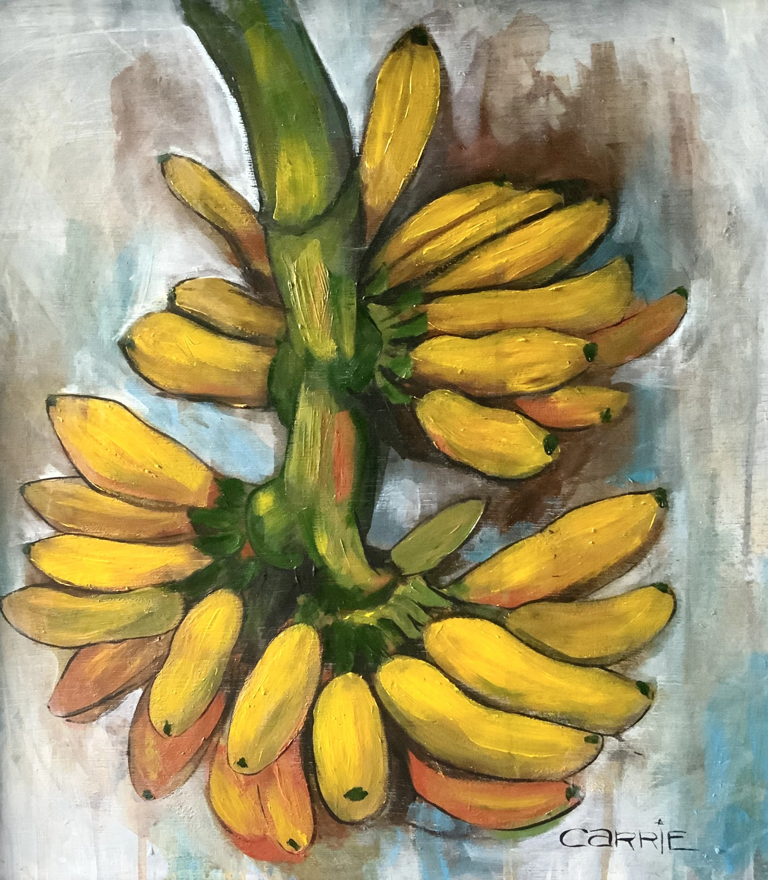 Painting of a bunch of bananas arranged in a circular pattern with green, yellow, and orange hues, signed 'Carrie' at the bottom right.