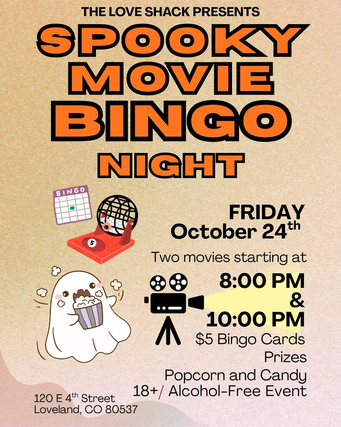 Grab a friend and let&rsquo;s play bingo while we watch scary movies! There will popcorn, snacks, candy, and prizes! 
💀👻🎃🍿🎥🎬