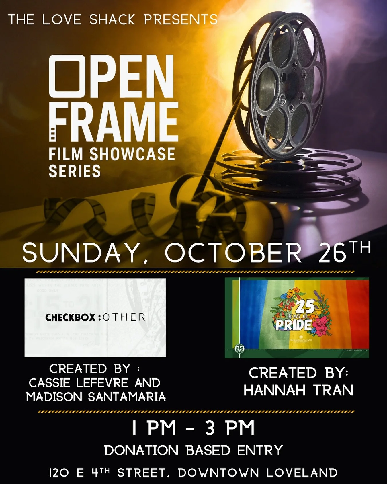 Join us for our new &ldquo;Open Frame Film Showcase Series&rdquo; featuring short films from Cassie LeFevre, Madison Santamaria, and Hannah Tran. Entry is donation based and there will be a Q&amp;A after with the creators.