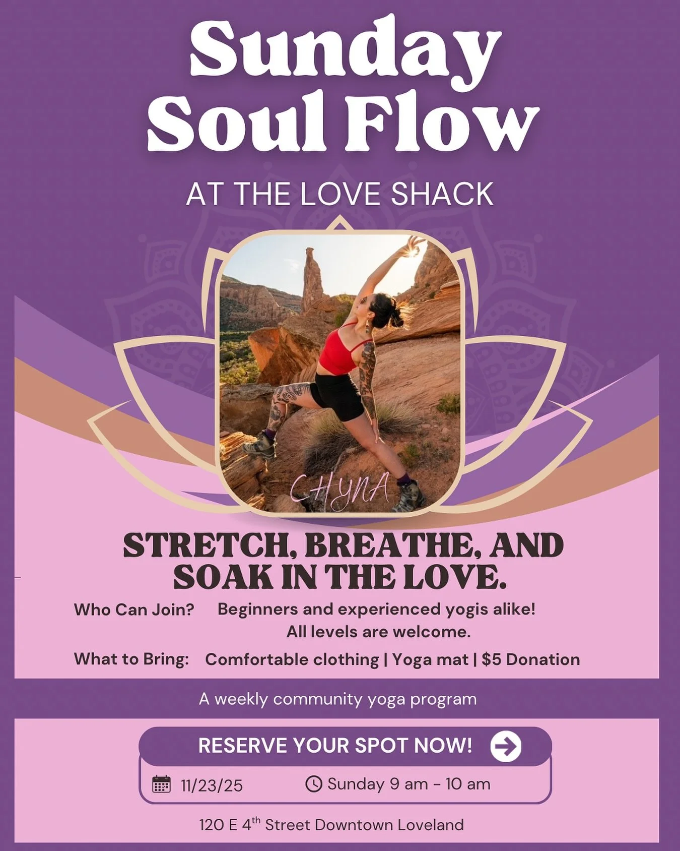 Sunday Soul Flow at The Love Shack is back for another guest yoga instructor: @sunchyna ! We are looking forward to another amazing session! $5 goes to our instructor but feel free to make a donation of more if you can spread the love. Please bring y