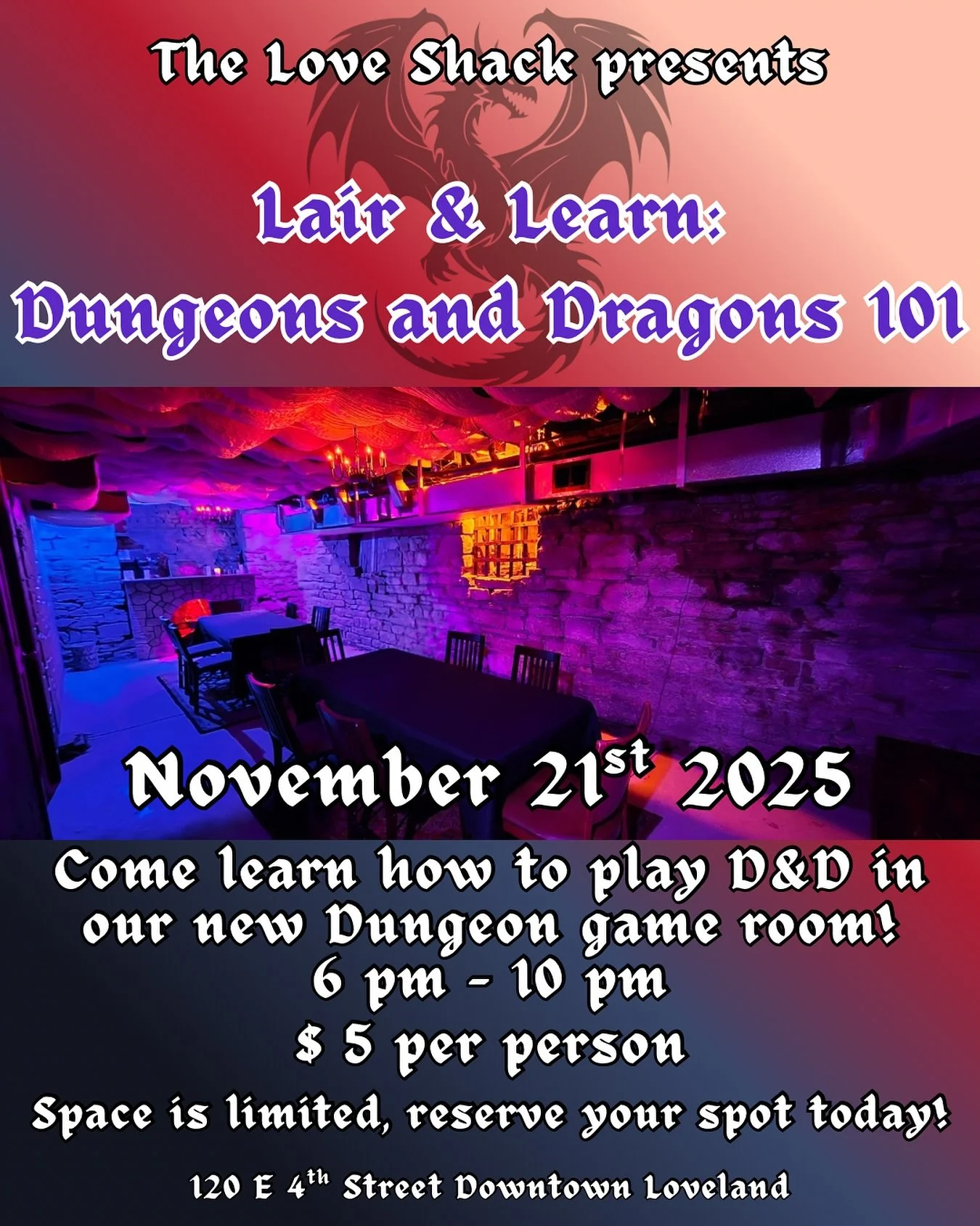 If you ever wanted to learn how to play Dungeons and Dragons, this event is for you! We are offering a beginner crash course on how to play in our newly opened Dungeon Game Room! $5 gets you a seat at the table and instruction/play for 3-4 hours. Spa