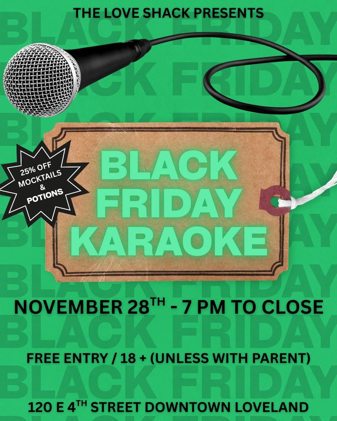 Black Friday Karaoke! Come wind down after hanging with the family or bring them with you and let&rsquo;s sing the night away! Free entry, 18+ unless with an adult. 25% off all mocktails and potions all night 7 PM to close!
#karaoke #downtownloveland