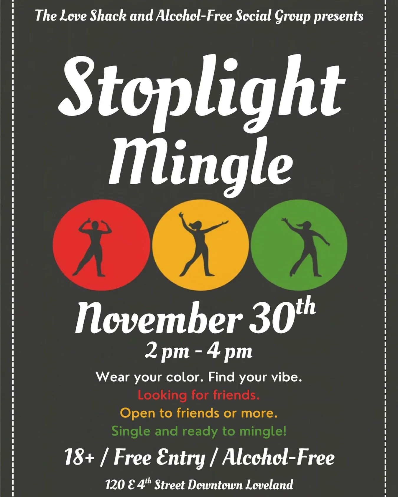 We are back for another Stoplight Mingle hosted by @afsg_on_meetup ! Bring a friend or come solo to meet other sober or sober curious friends in the community. Wear the color that best describes your status:
Red: Looking for friends only,
Green: Sing