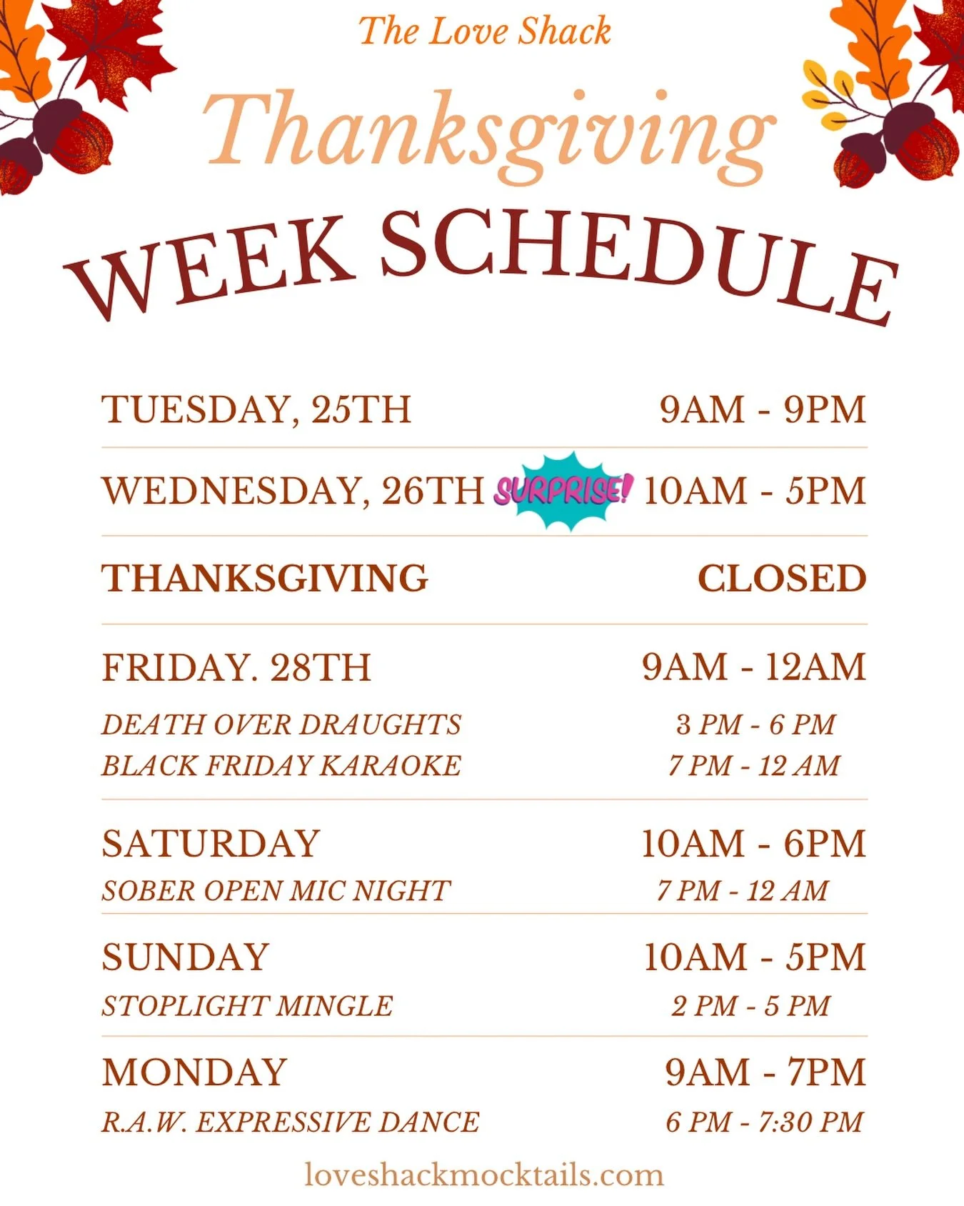 SURPRISE! Come hang out with us tomorrow before we are closed for Thanksgiving on Thursday. Bring the whole family or sneak off and take a break from them.😜 We will be open from 10 AM to 5 PM which is just enough time to come play a game or two a po