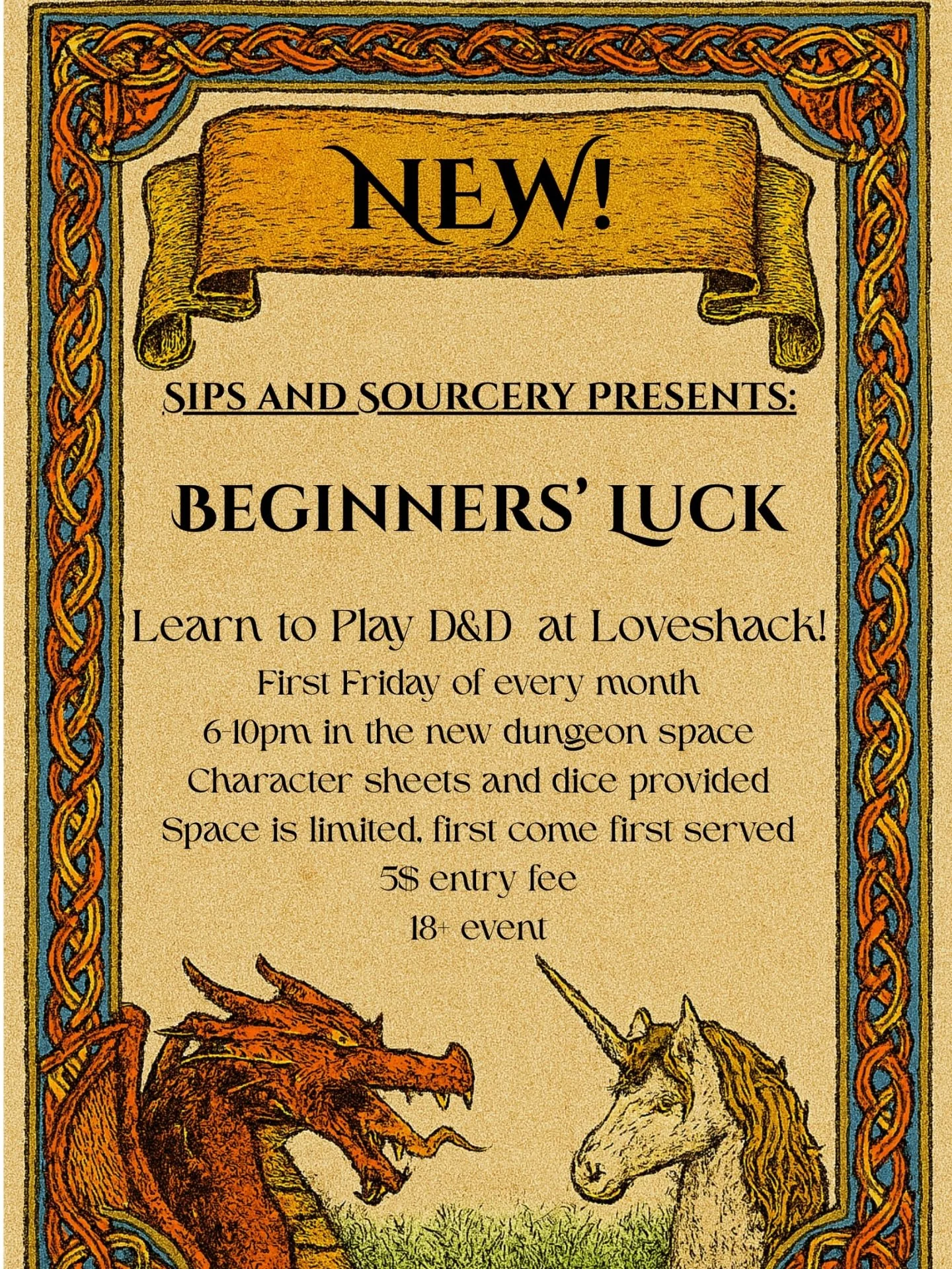 Learn to play D&amp;D at The Love Shack, first Friday of every month from 6 to 10 PM in the new dungeon room! Character sheets and dice provided. Space is limited, first come, first serve. $5 entry fee ticket link in our bio. 18+ 
#dungeonsandragons 