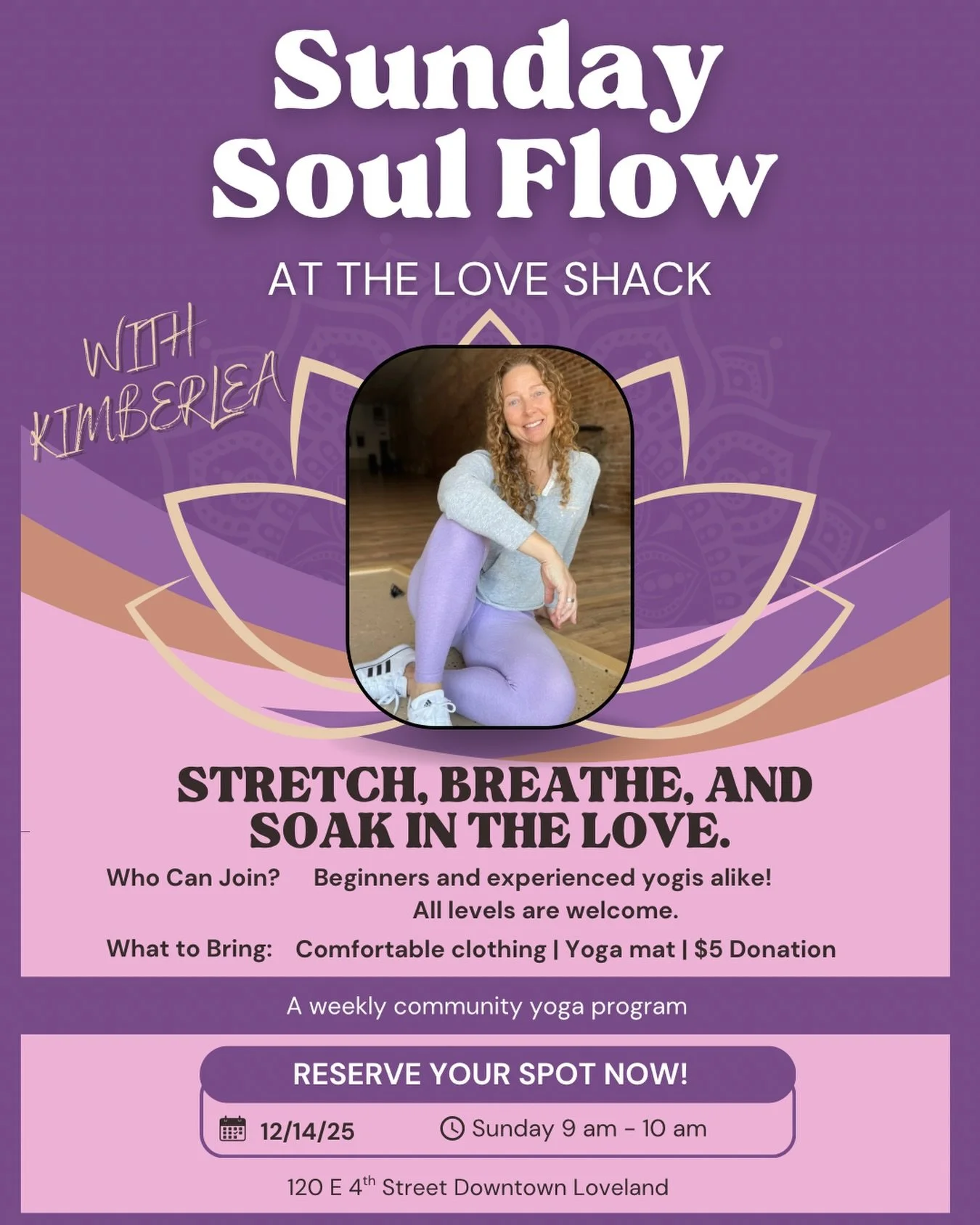 Join us for another Sunday Soul Flow at The Love Shack with our dear friend, Kimberlea Smarr! $5 to reserve your spot, bring your own mat and stay for coffee and connection after. 

#community #yoga #loveland #downtownloveland #loveshack #soberbar #y