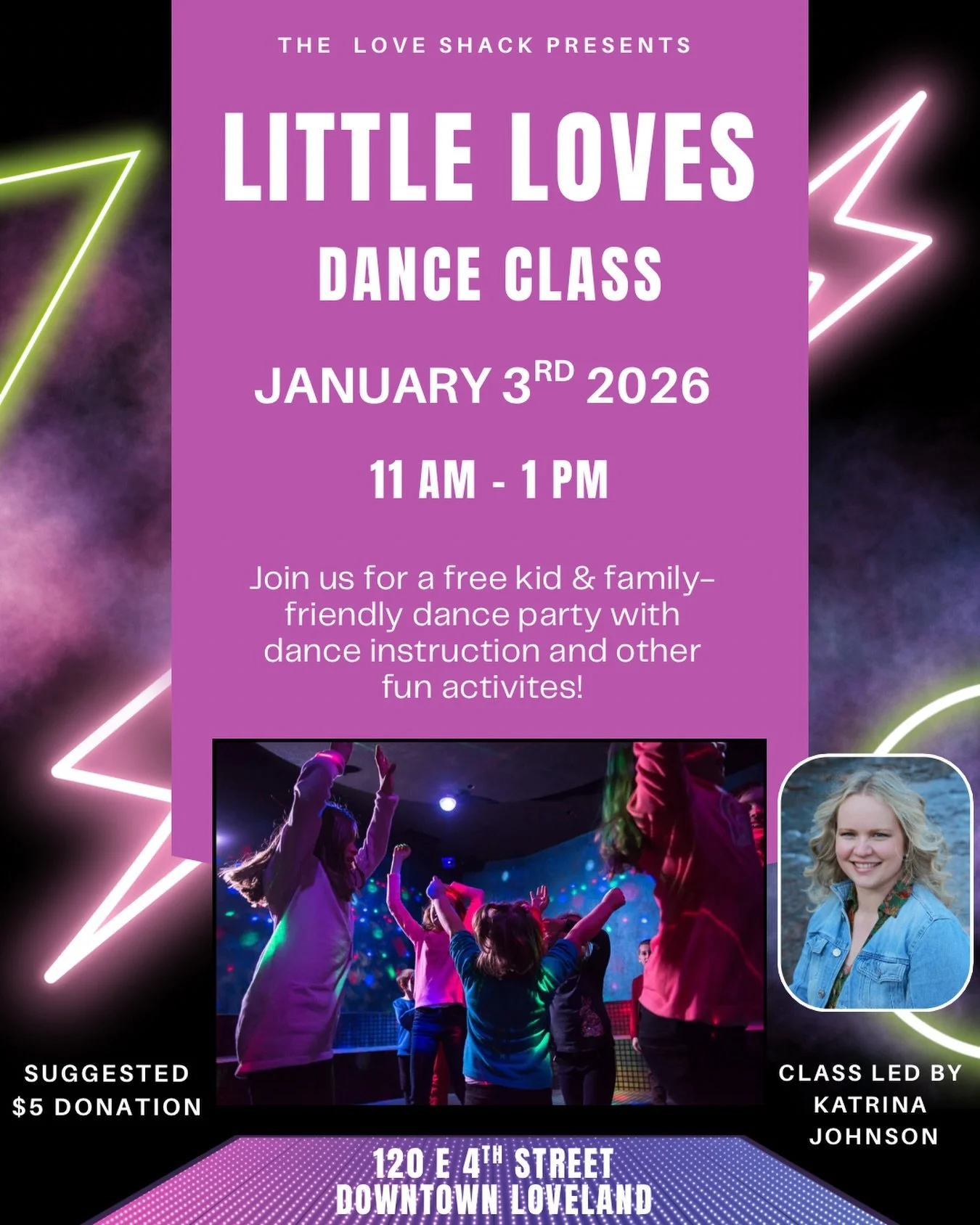 Join us on the first weekend of 2026 with a kid and family-friendly dance class led by the amazing Katrina Johnson! This is a $5 suggested donation event in an alcohol-free space. Bring your dancing shoes and the whole family!

#kiddance #familyfrien