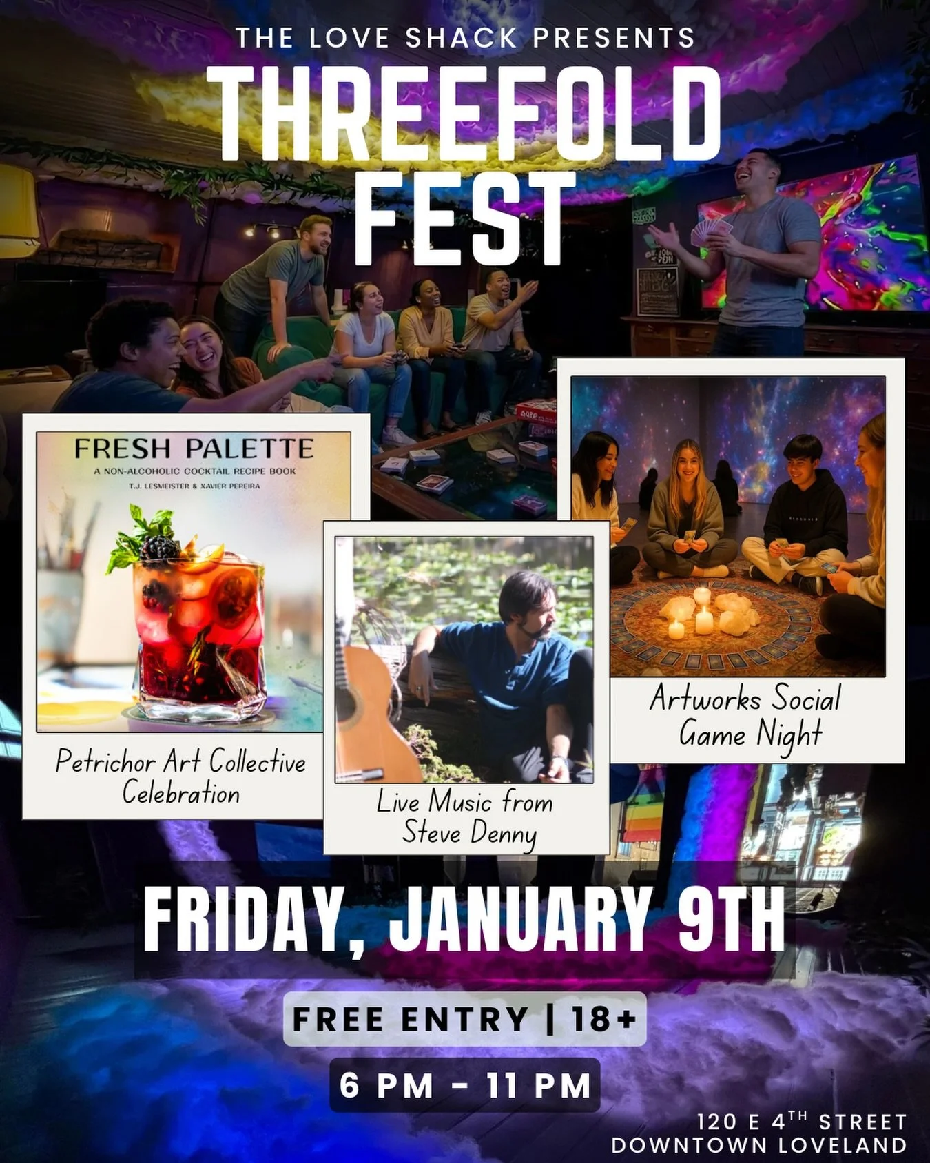 Join us for a jam packed night of fun at The Love Shack! The &ldquo;Threefold Fest&rdquo; is a collaboration between three different creatives in the community!

We are celebrating the completion of the Petrichor Collective&rsquo;s Kickstarter for th