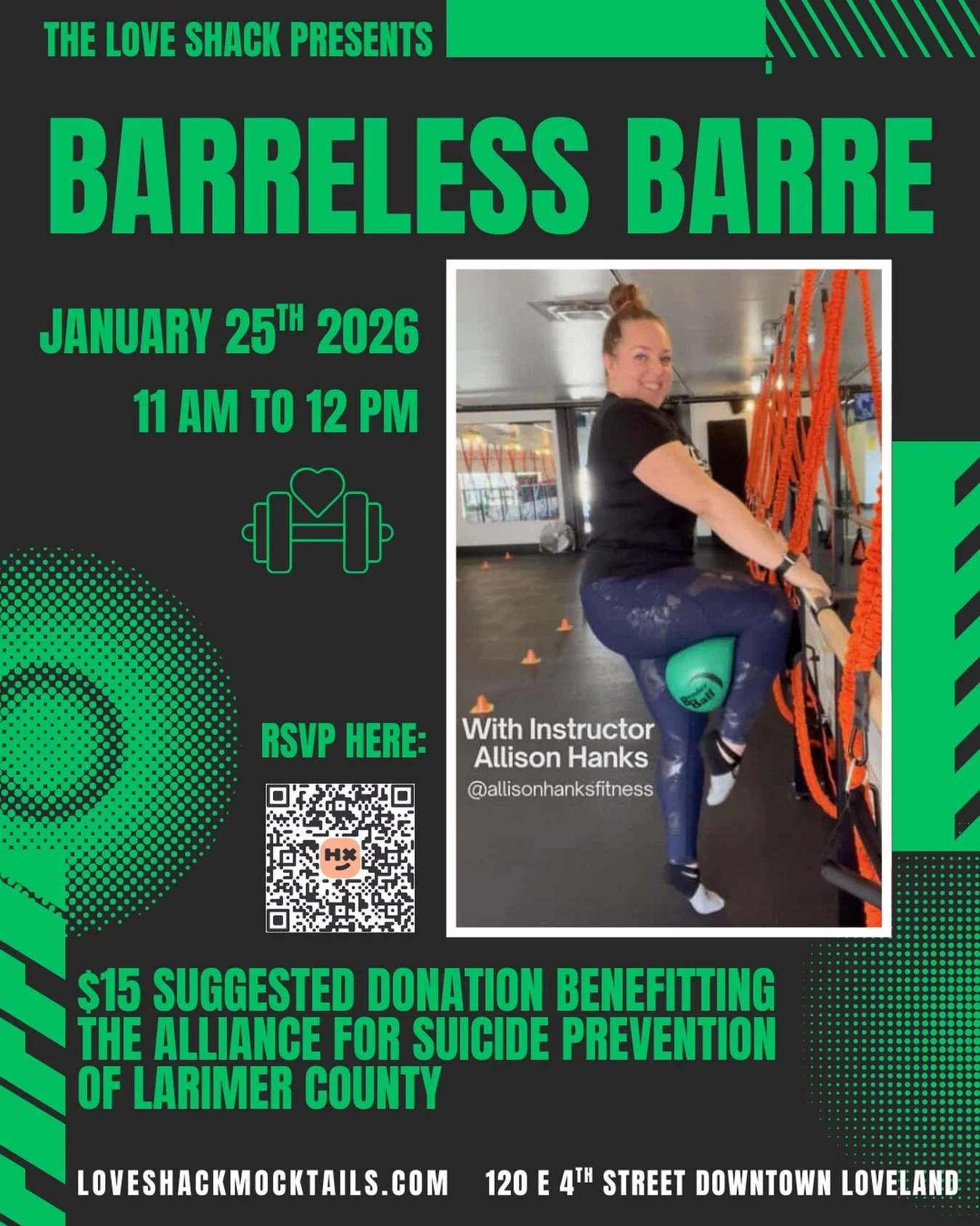 Test your physical and mental stamina with a fun Barreless Barre class with our special guest instructor Allison Hanks! Help us raise donations for The Alliance for Suicide Prevention of Larimer County with suggested donations of $15 for an hour clas