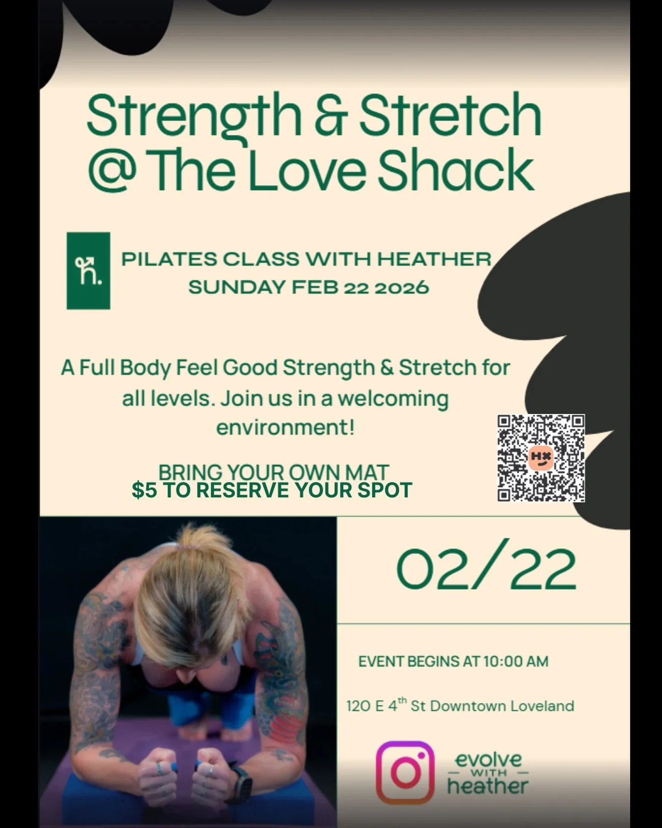 Join us for our first Pilates class led by our new friend @evolvewithheather ! $5 reserves your spot, space is limited! Bring your own yoga mat! Food and drinks available for purchase before or after the class.

#workout #pilates #healthandwellness #