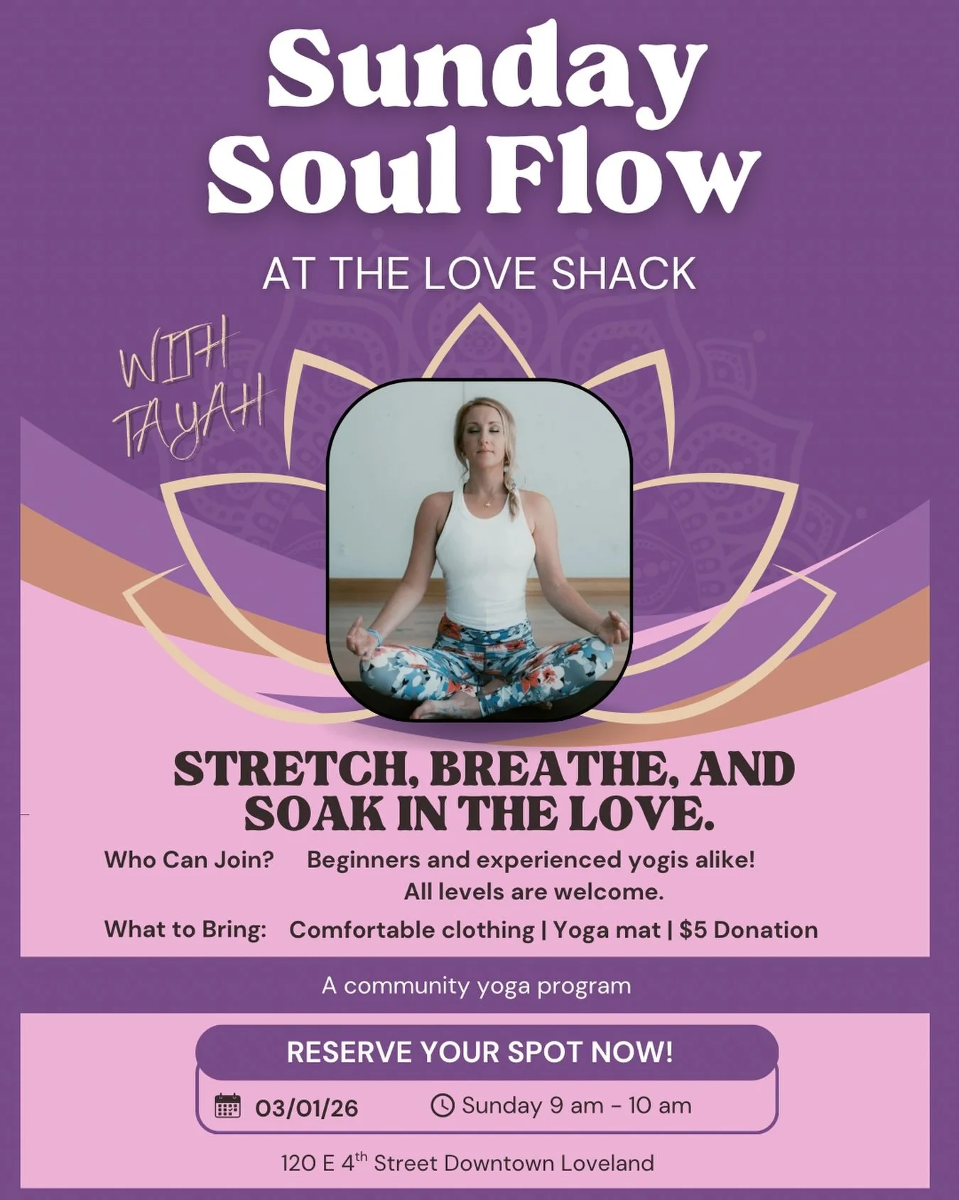 Join us for another Sunday Soul Flow with our good friend @tayahnorris ! $5 reserves your spot, stay for the coffee and connection after! Ticket link in our bio 👆🏼🧘🏼&zwj;♀️

#yoga #findyourflow #loveshack #sobercommunity #soberlife