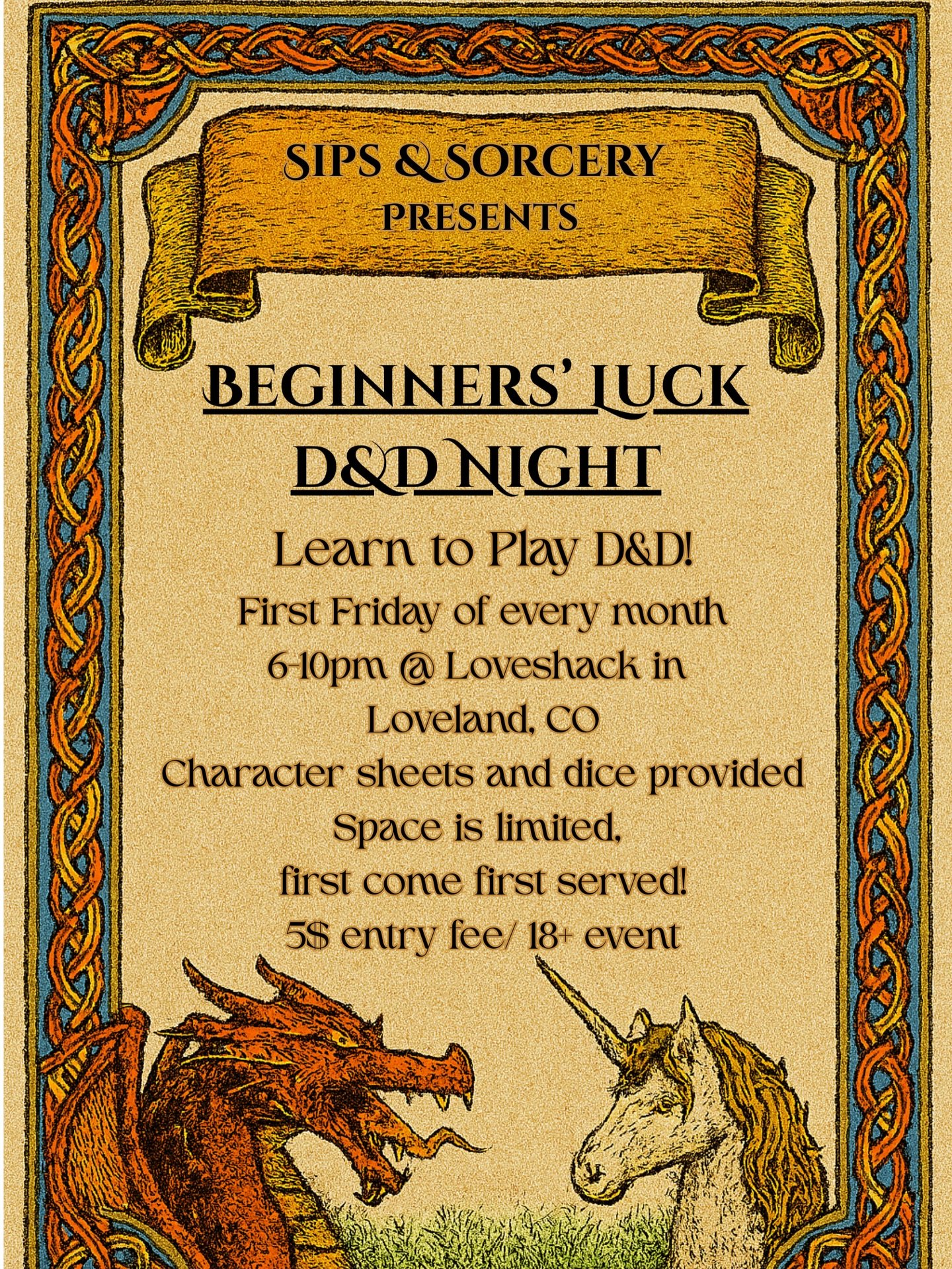 Learn to play D&amp;D at The Love Shack, first Friday of every month from 6 to 10 PM in the new dungeon room! Character sheets and dice provided.
Space is limited, first come, first serve. $5 entry fee ticket link in our bio. 18+ 

#dungeonsandragons