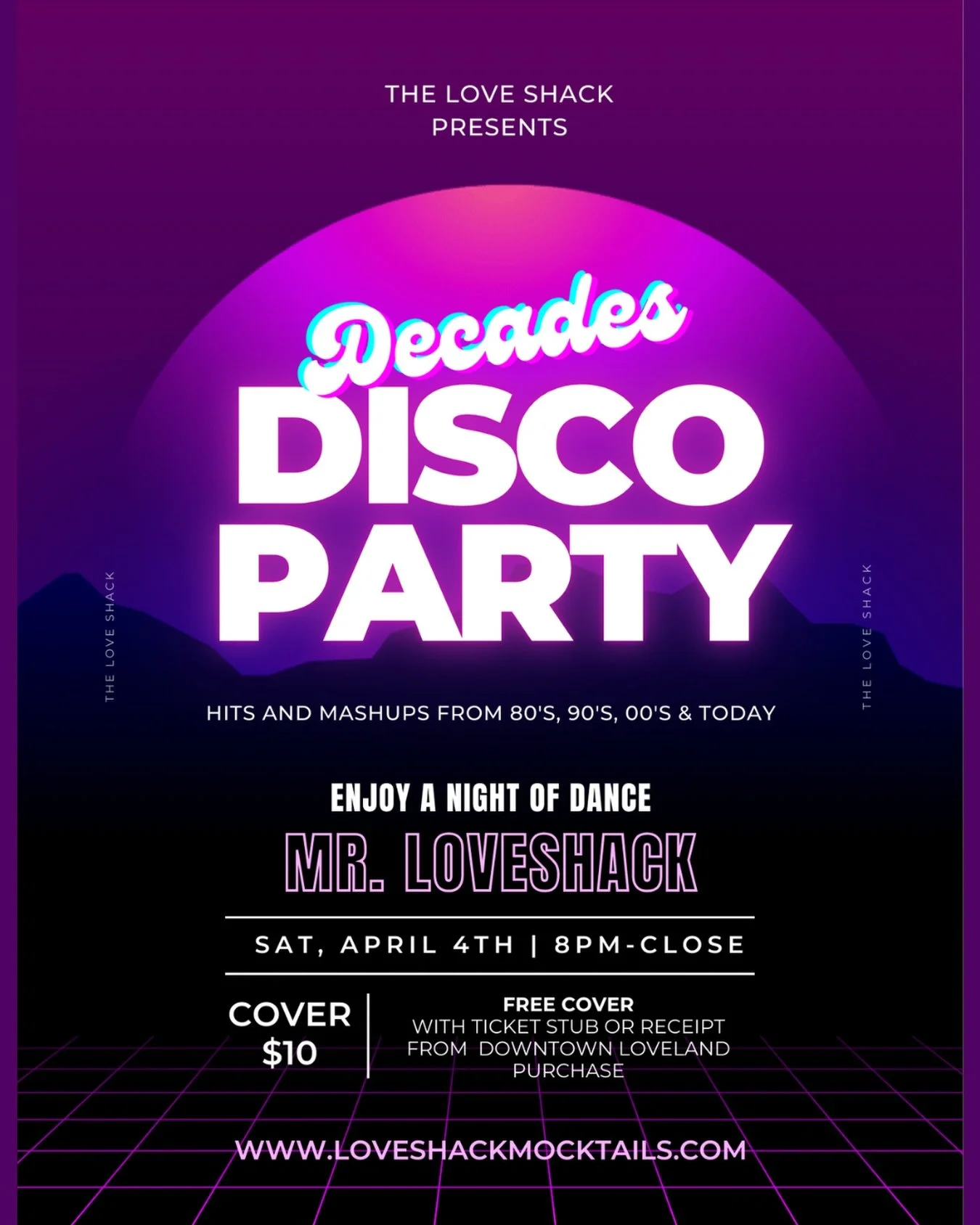 We are ready to move, shake, and disco down all night long through the Decades of the 80s, 90s, and 2000s! Skip the $10 cover by showing a ticket stub or a receipt from any Downtown Loveland business!

#danceparty #downtownloveland #loveshack #disco 