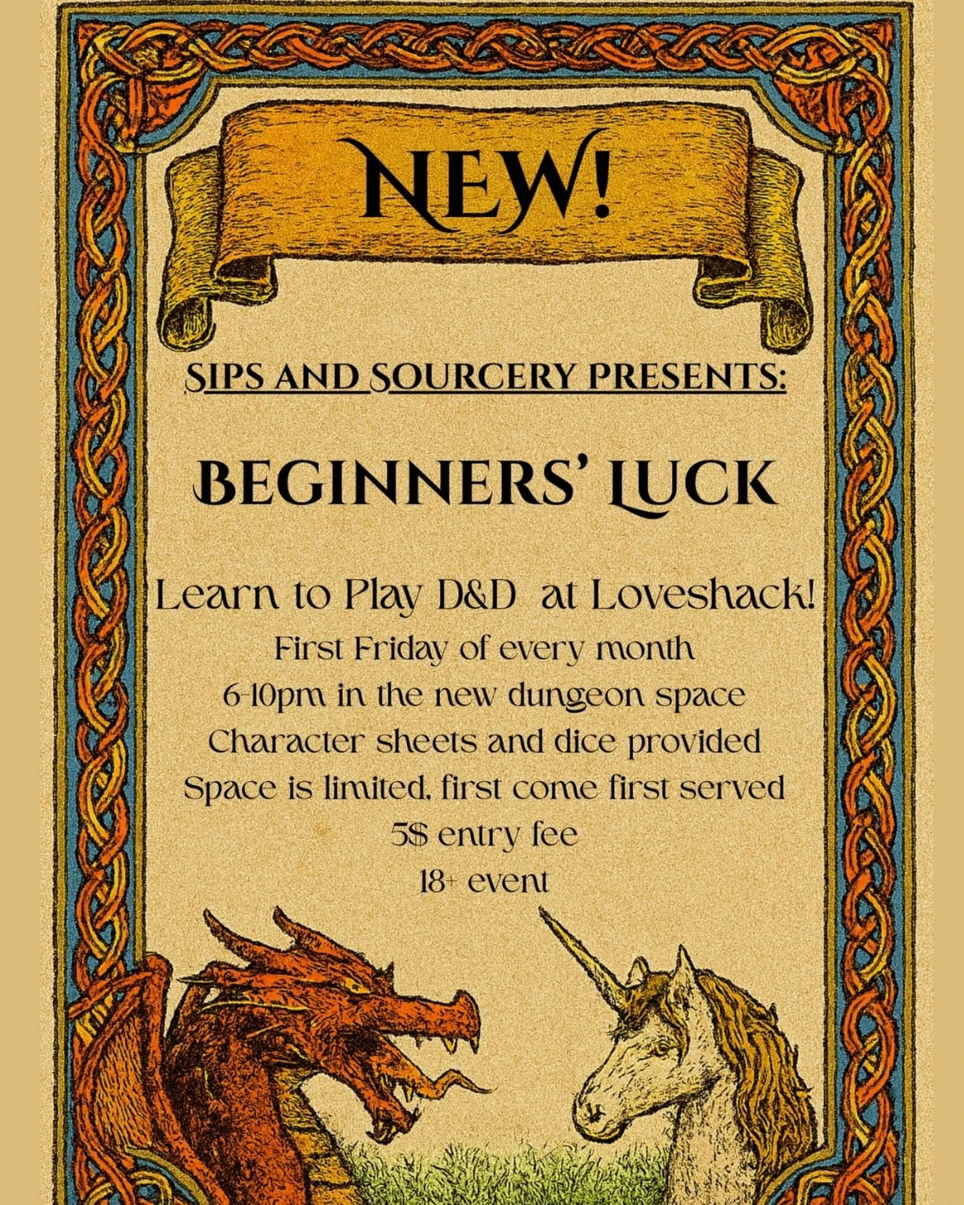 Learn to play D&amp;D at The Love Shack, first Friday of every month from 6 to 10 PM in the new dungeon room! Character sheets and dice provided.
Space is limited, first come, first serve. $5 entry fee ticket link in our bio. 18+ 

#dungeonsandragons