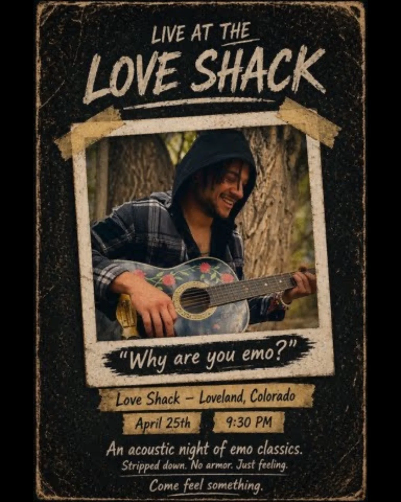 Join us for a night of live music from our good friend @flintave following the CAiR Open Mic! &ldquo;An acoustic night of emo classics- stripped down, no armor, just feeling.&rdquo; Free Entry - 18+

#livemusic #downtownloveland #emo #localmusic #gui