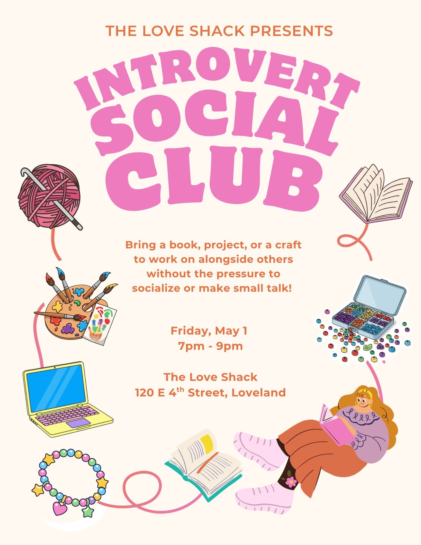 Tomorrow Friday, May 1st at 7 pm we are trying something new- Introverts Social Club! Come work on a project next to other people, who also want to work on projects near other people. No pressure, no expectations, just crafts and vibes.✨🧵🧶🎨🪶✂️🫟?