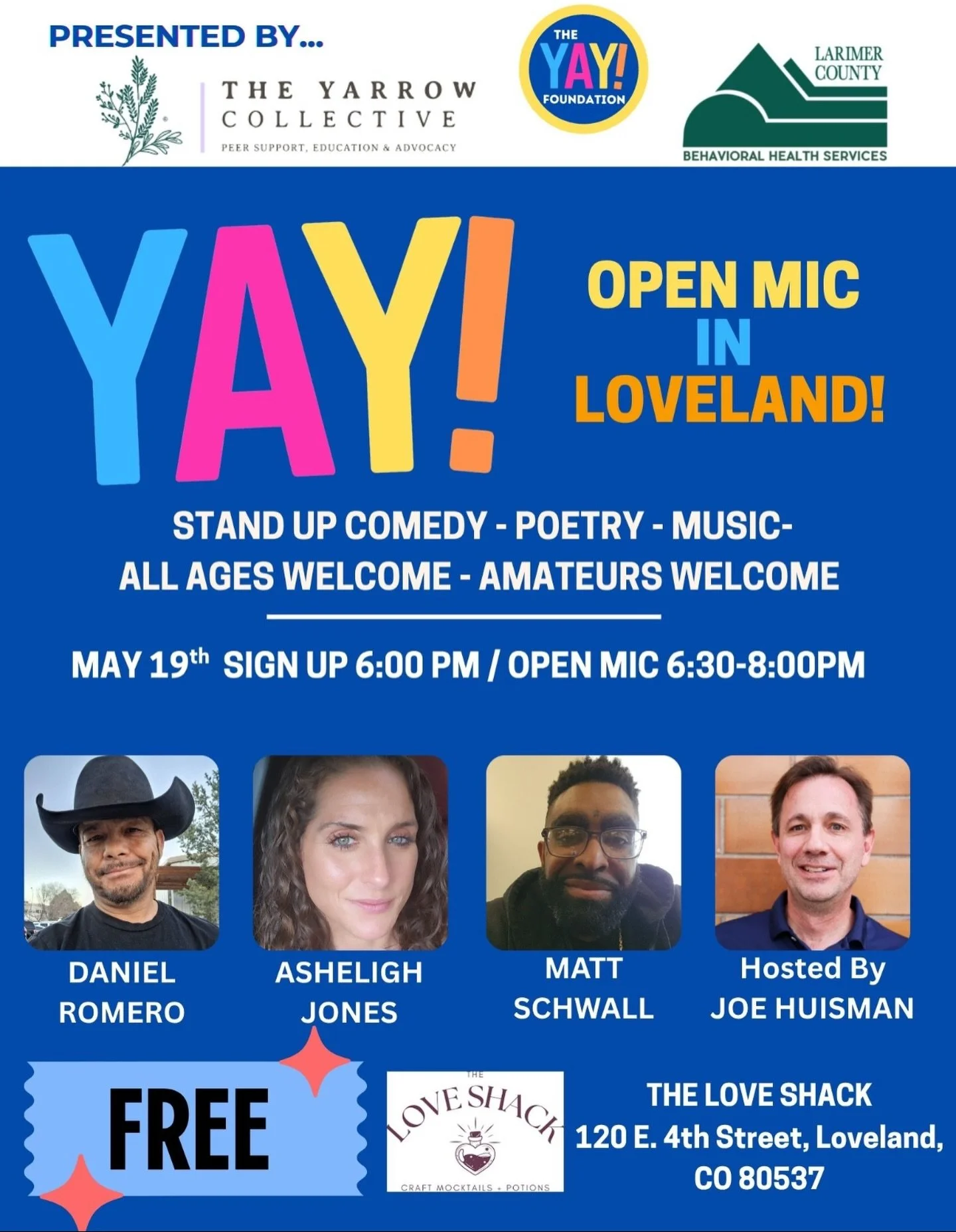 Join us tomorrow May 19th for our monthly Tuesday Open Mic brought to you by @theyayfoundation , @yarrowcollectivecolorado , and @larimercounty_bhs ! Sign ups start at 6pm - bring your best comedy, poems, music, or anything else to showcase your tale