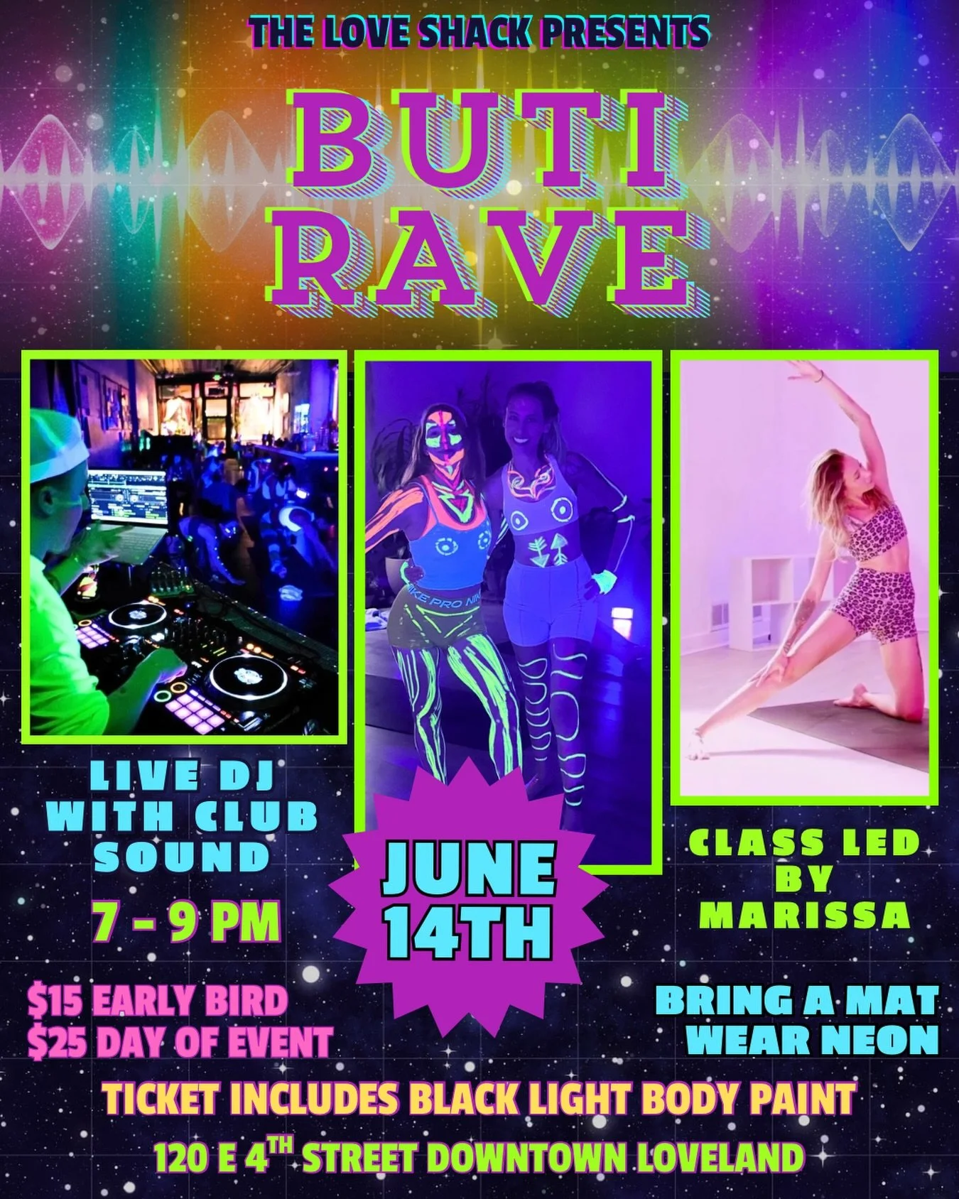 Grab your yoga mat, dress in neon colors and get ready for our most ELECTRIC night of BUTI yoga with our master instructor- @butiyogimama ! June 14th at 7 pm, we will be spending the first 30 minutes putting on our black light paint before the class 