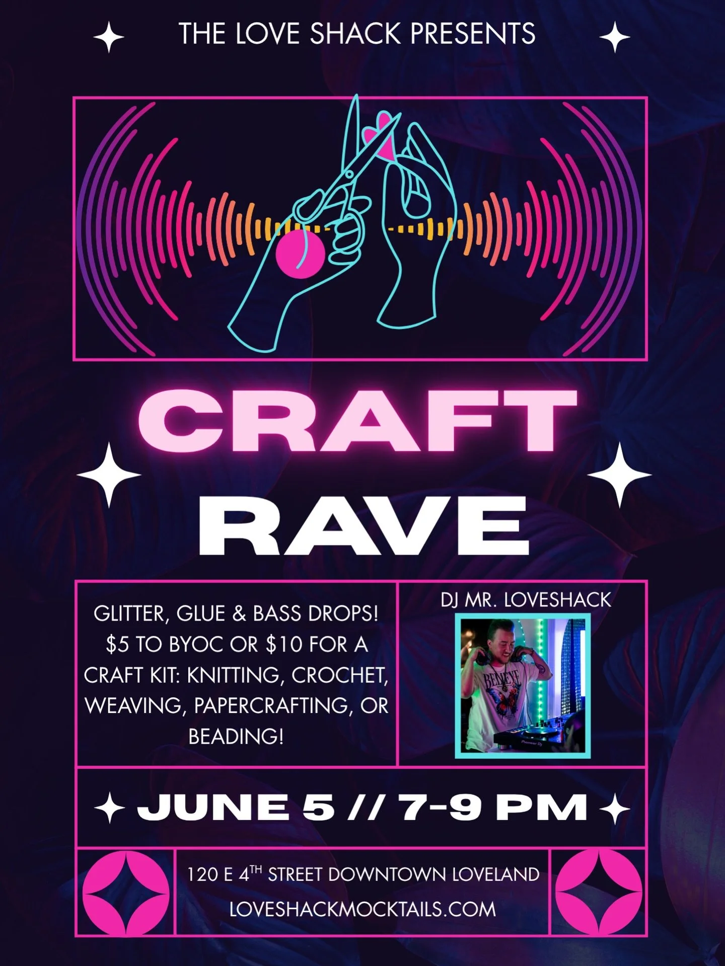 June 5th at 7pm we are hosting our first CRAFT RAVE! Which is an immersive event that combines the hands-on energy of a community crafting circle with the high-energy atmospher of a dance party. You bring your own portable project&mdash;such as knitt