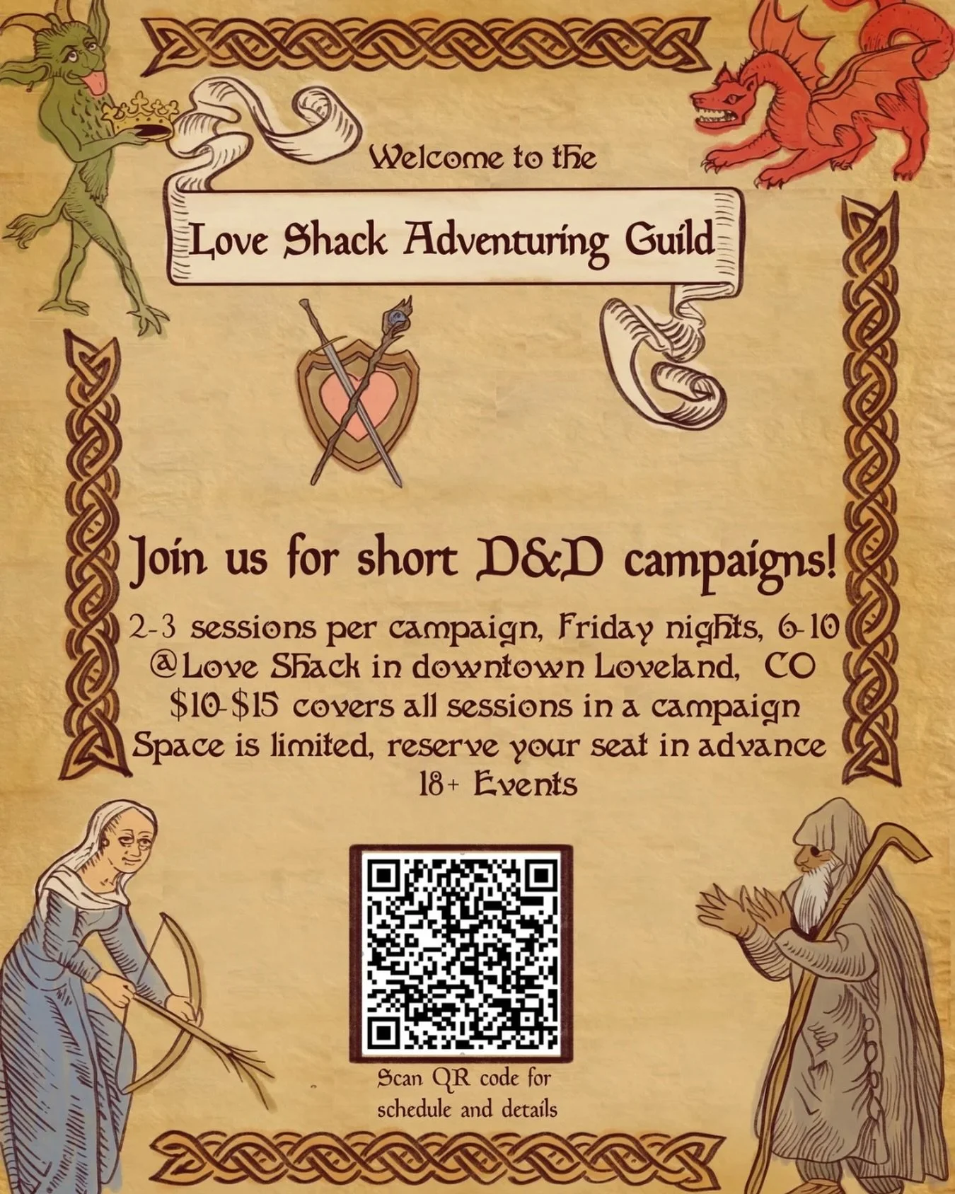 Join us for monthly short-form D&amp;D campaigns! 
Friday nights from 6-10 PM, 2-3 sessions/campaign. 
$10 - $15 fee covers all sessions in a campaign!
Bring your own character sheet and dice. Space limited, first-come, first-served. 18+ Event

#dung