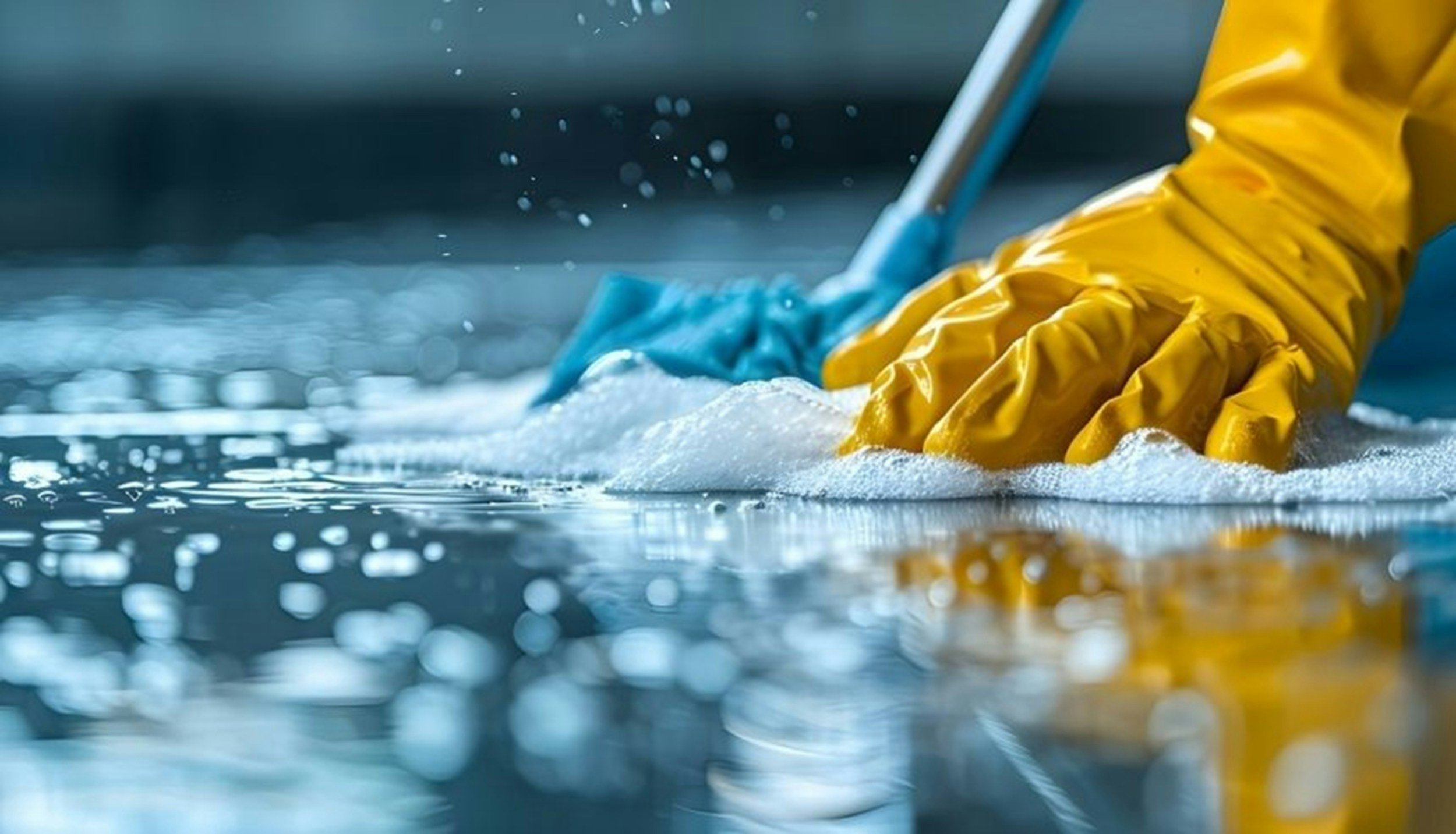 Person wearing yellow rubber gloves cleaning a surface with soap and water.