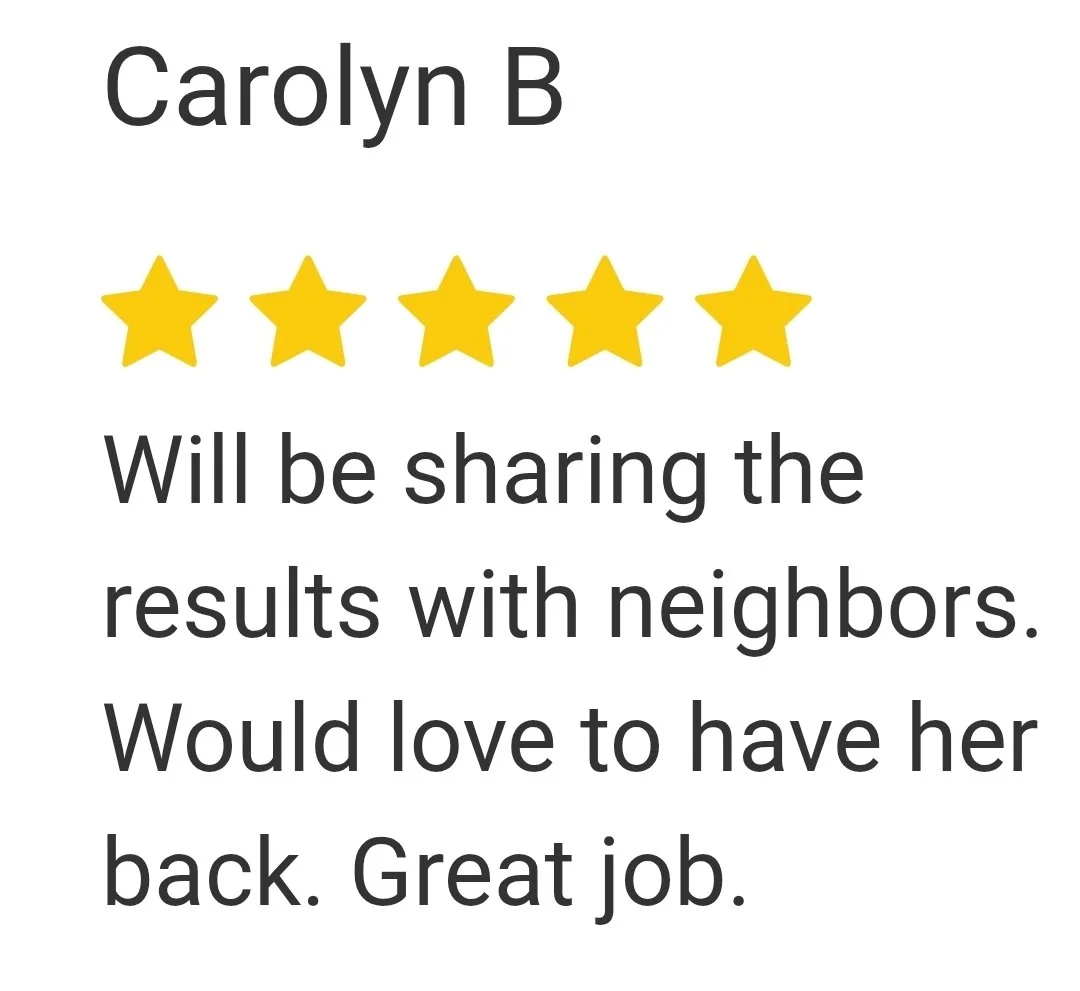 Text-based message with a five-star rating graphic and a note mentioning sharing results with neighbors and offering congratulations.