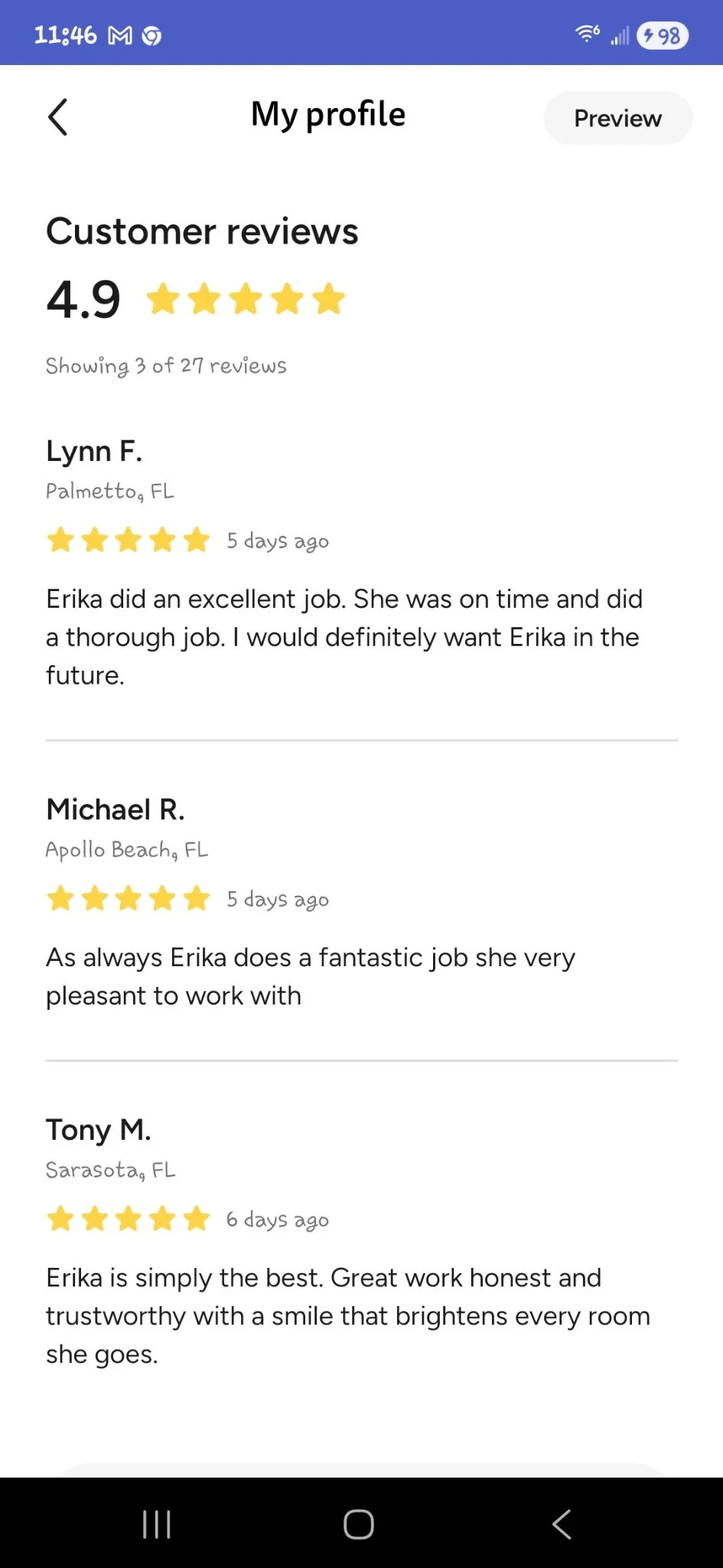 Screenshot of a mobile app displaying customer reviews with a 4.9-star rating. The reviews mention Erika's punctuality, thorough work, and positive attitude. Locations include Palmetto, Apollo Beach, and Sarasota, Florida.