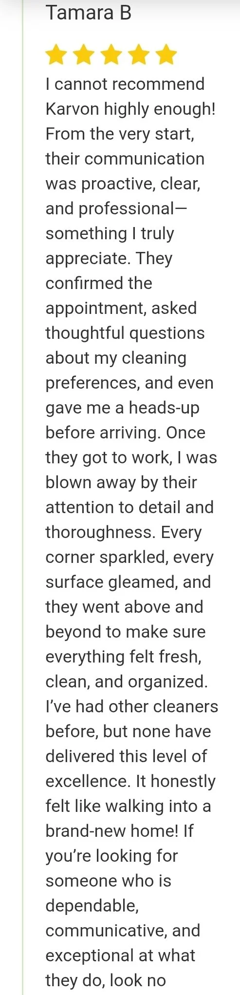 Customer review praising Karvon cleaning service, rated five stars, describing professional, proactive, thorough, and attentive cleaning work.