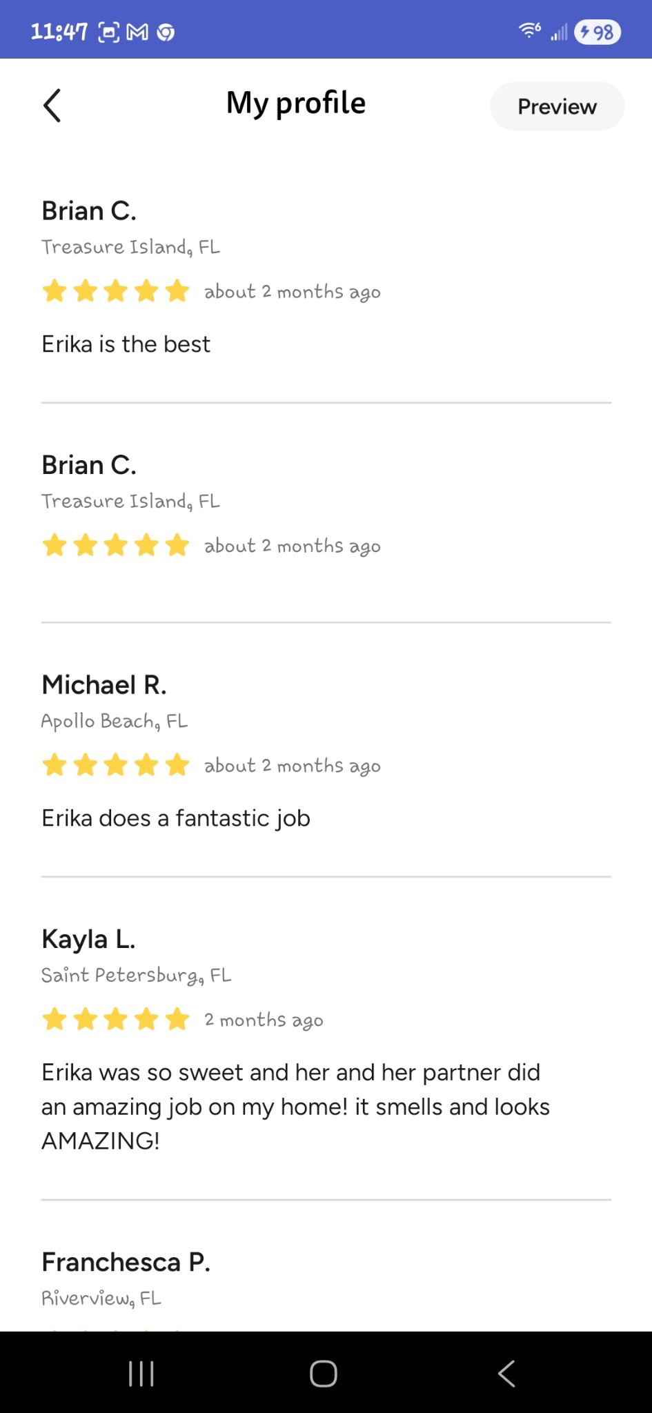 Mobile phone screenshot of a social media profile page showing user reviews and ratings with star icons. The profile belongs to Brian C. from Treasure Island, FL. The reviews include comments about Erika, with several five-star ratings.