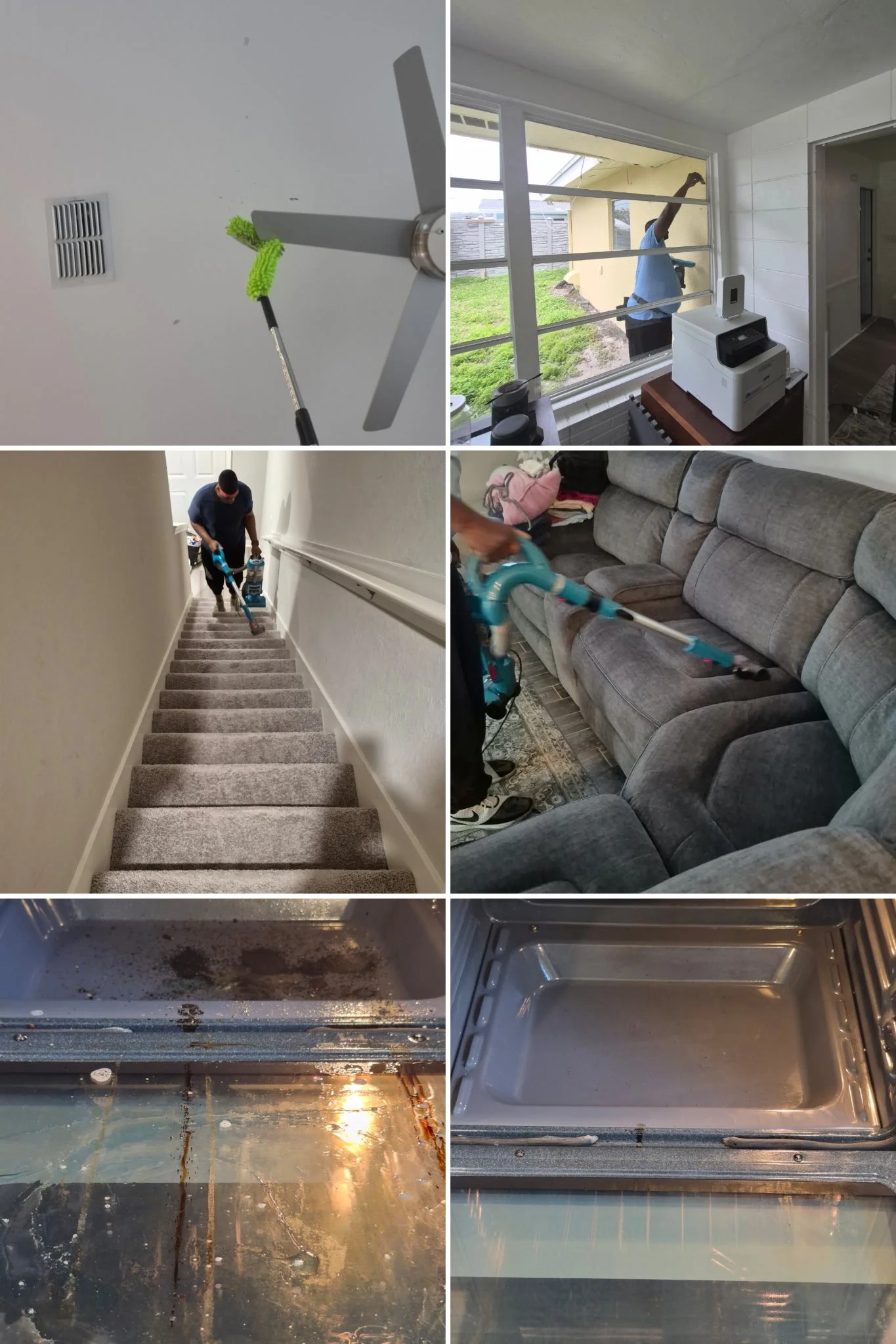 Collage of cleaning activities: ceiling dusting, window washing, vacuuming stairs, vacuuming sofa, oven cleaning, and oven after cleaning.
